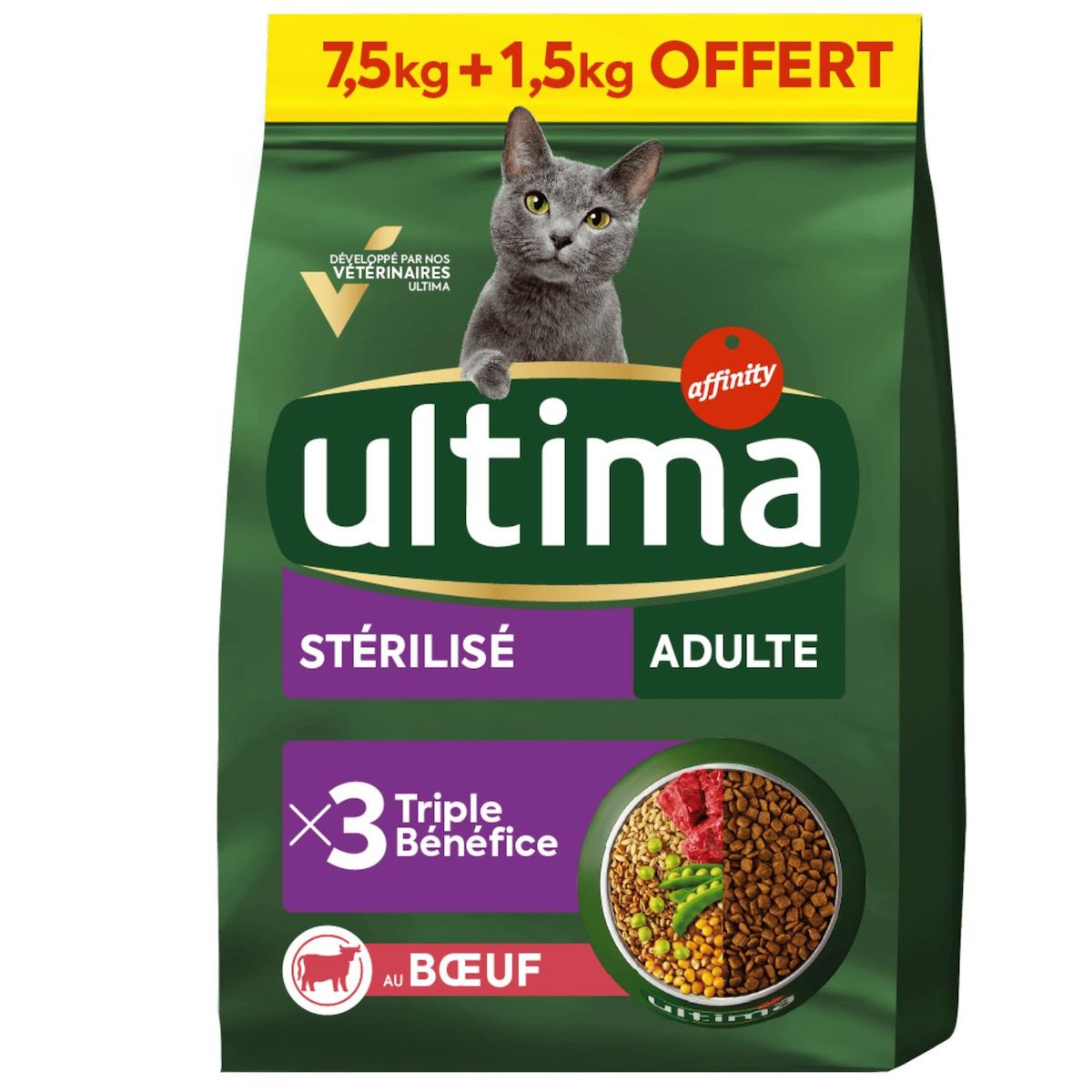 ULTIMA Croquettes triple bénéfice au boeuf pour chat adulte stérilisé 7.5kg + 1.5kg offerts 9kg