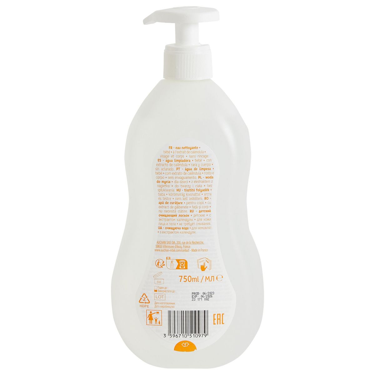 AUCHAN BABY Eau nettoyante visage et corps à l'extrait de calendula 750ml
