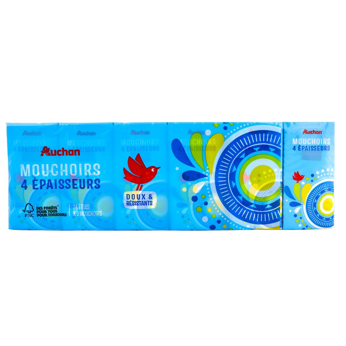 AUCHAN Paquets de mouchoirs doux et résistants 4 épaisseurs 24 paquets x 9 mouchoirs
