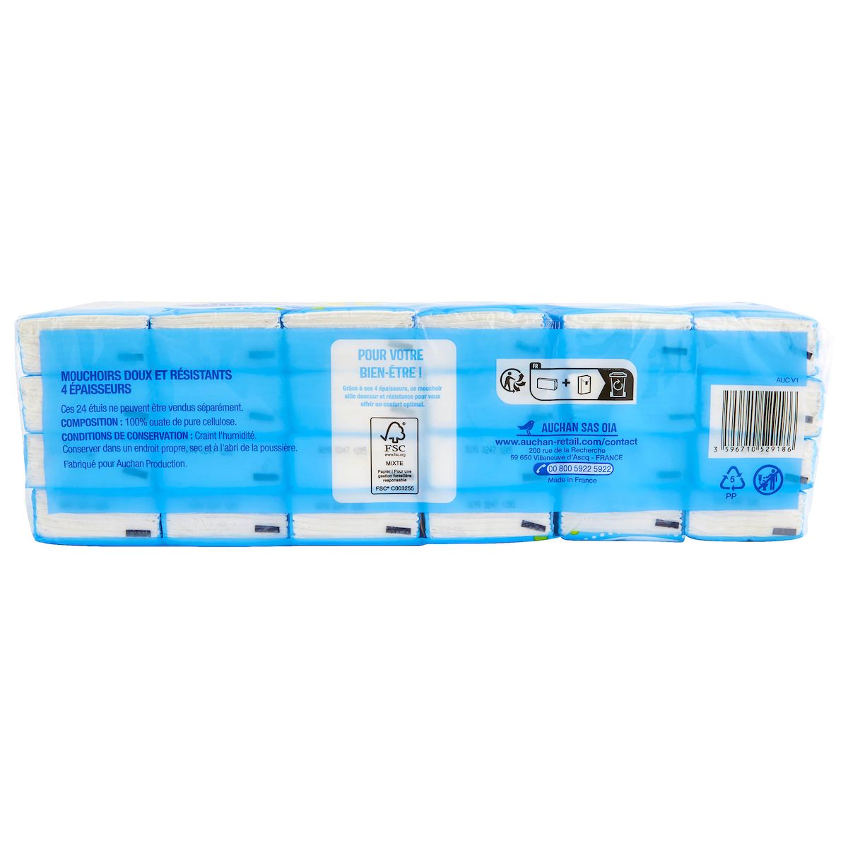 AUCHAN Paquets de mouchoirs doux et résistants 4 épaisseurs 24 paquets x 9 mouchoirs