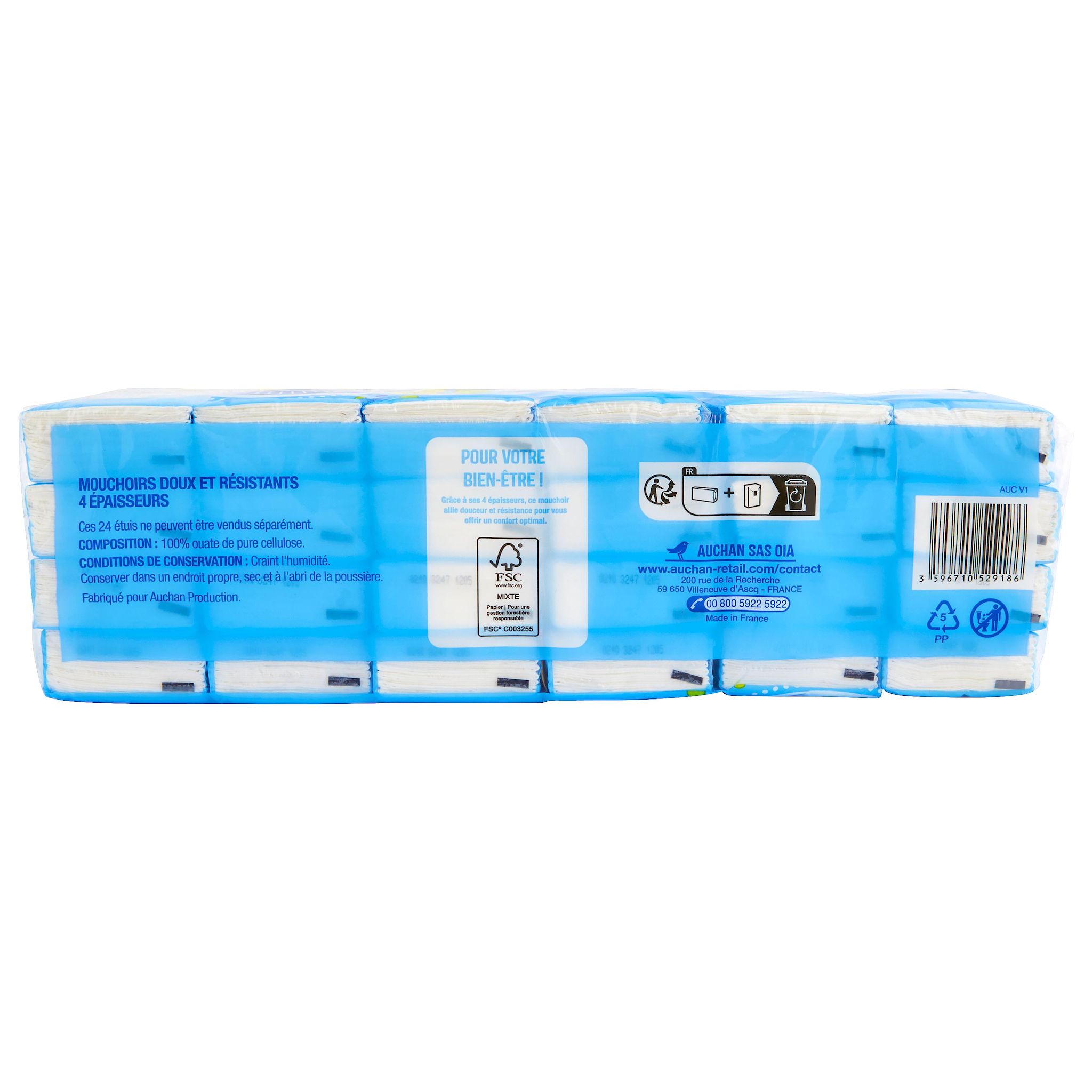 Voir la diapositive 3 : AUCHAN Paquets de mouchoirs doux et résistants 4 épaisseurs 24 paquets x 9 mouchoirs
