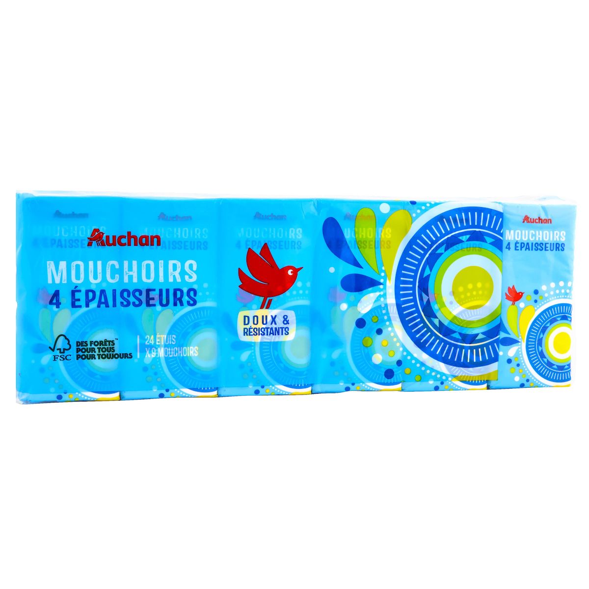 AUCHAN Paquets de mouchoirs doux et résistants 4 épaisseurs 24 paquets x 9 mouchoirs