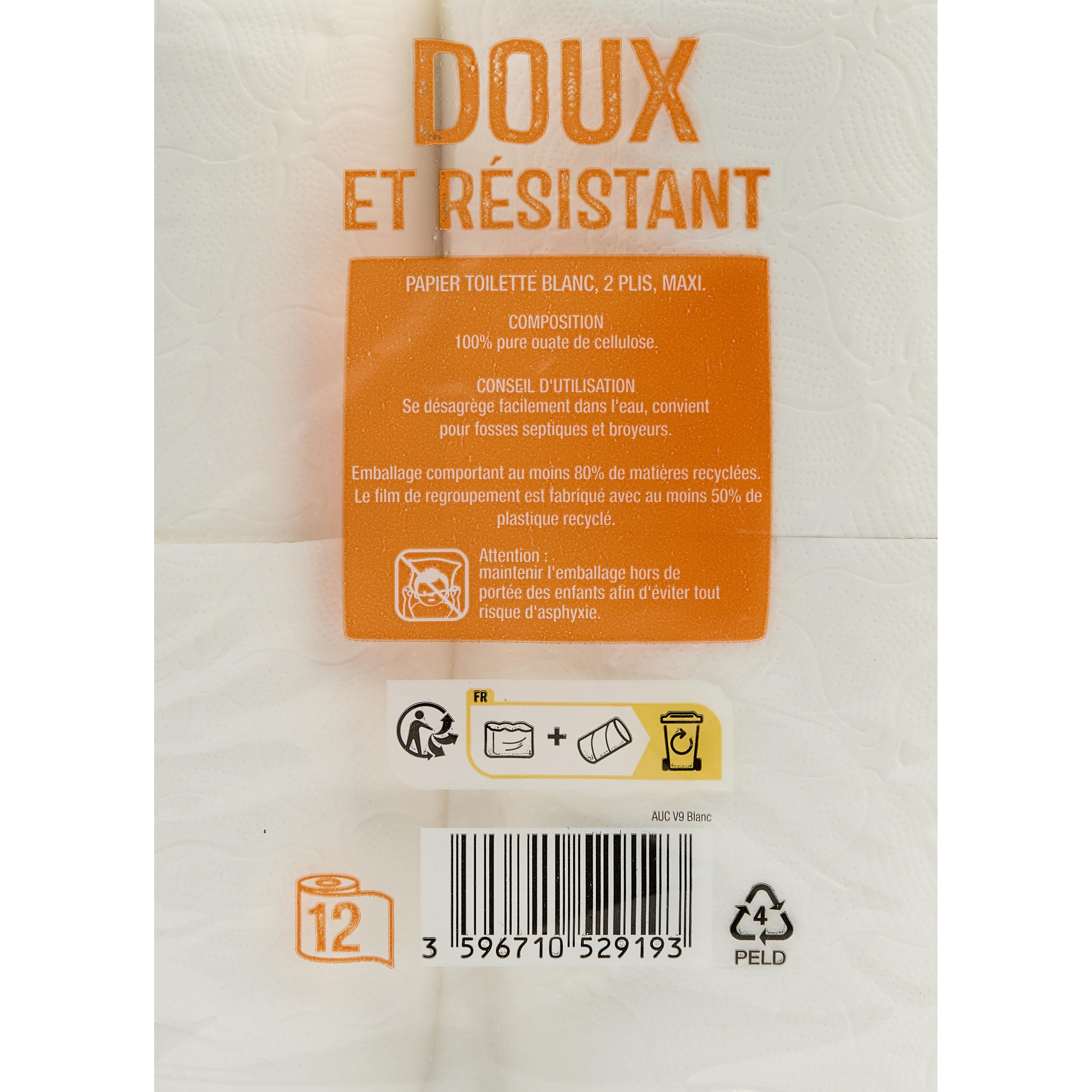 Voir la diapositive 2 : AUCHAN Papier toilette blanc maxi doux et résistant 2 épaisseurs = 18 standards  12 rouleaux