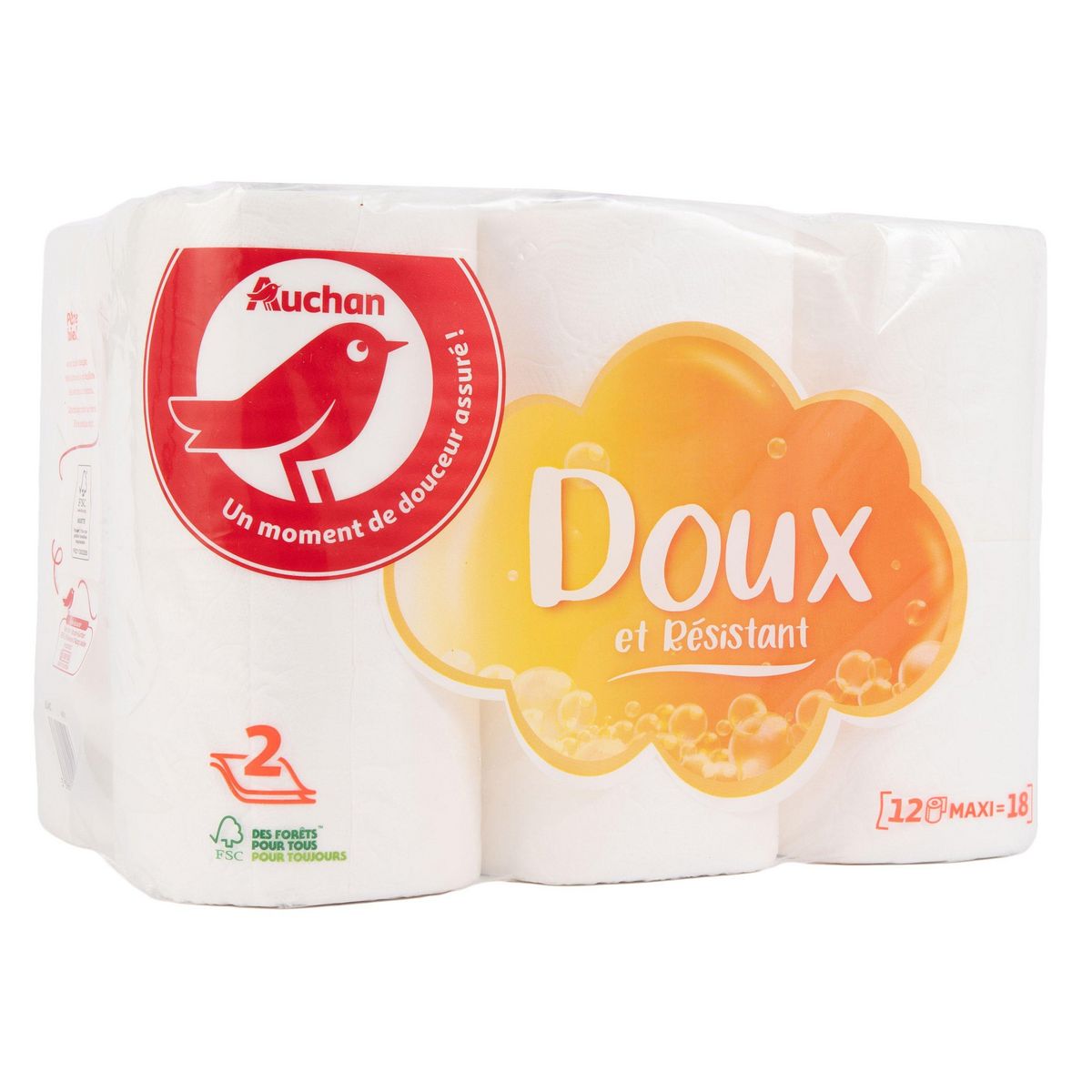 AUCHAN Papier toilette blanc maxi doux et résistant 2 épaisseurs = 18 standards  12 rouleaux
