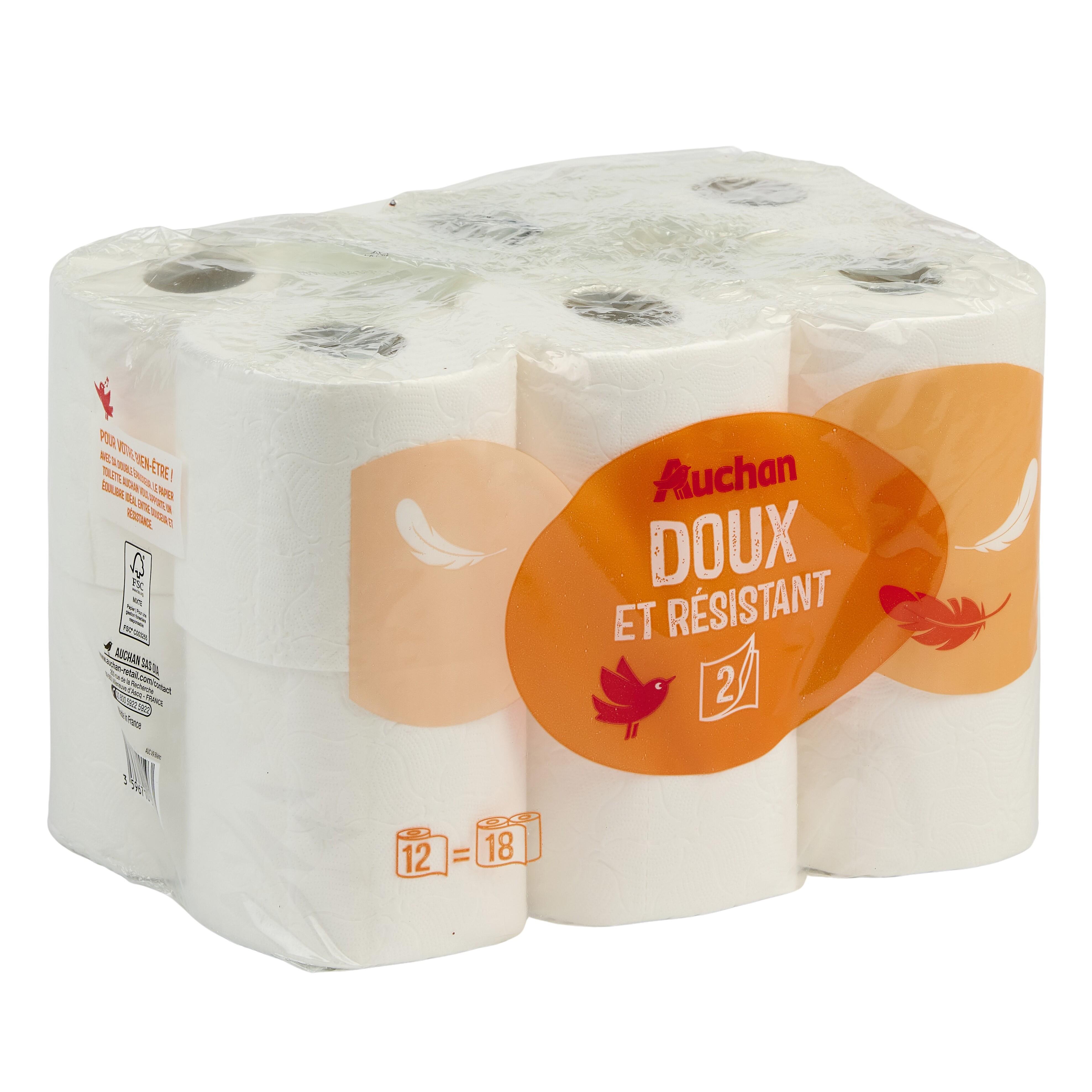 Voir la diapositive 3 : AUCHAN Papier toilette blanc maxi doux et résistant 2 épaisseurs = 18 standards  12 rouleaux