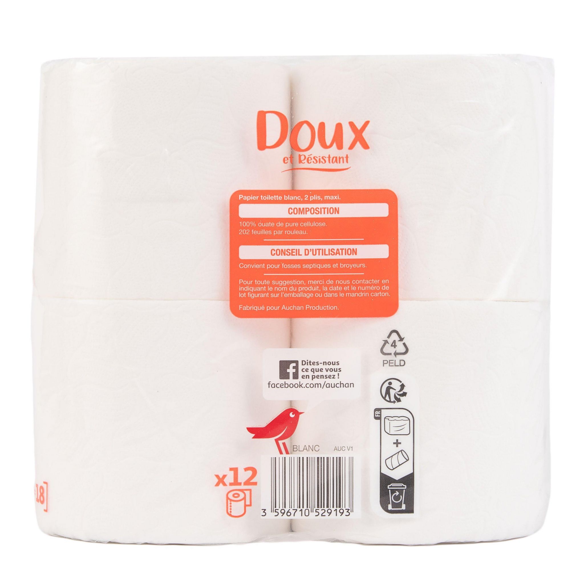 Voir la diapositive 3 : AUCHAN Papier toilette blanc maxi doux et résistant 2 épaisseurs = 18 standards  12 rouleaux