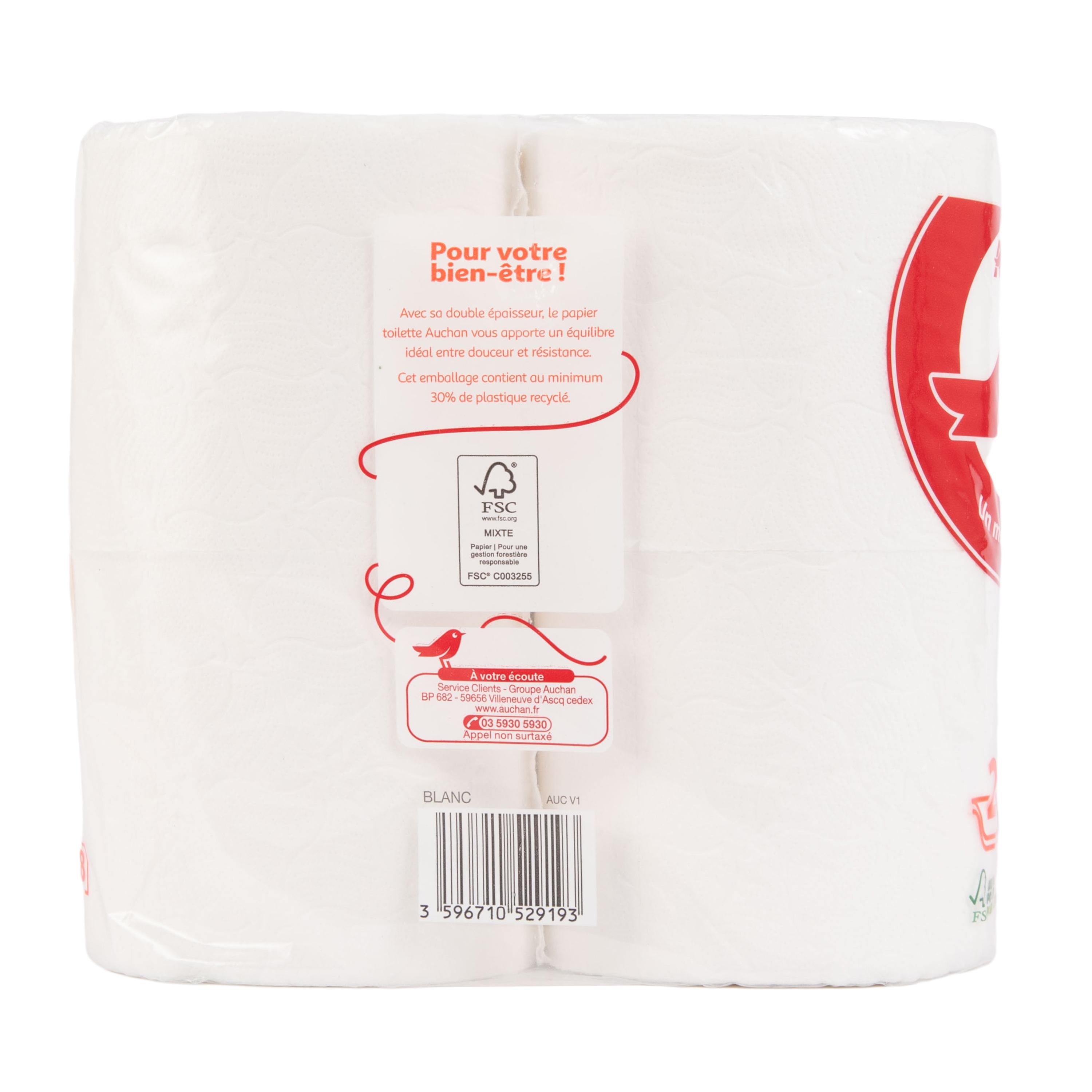 Voir la diapositive 4 : AUCHAN Papier toilette blanc maxi doux et résistant 2 épaisseurs = 18 standards  12 rouleaux
