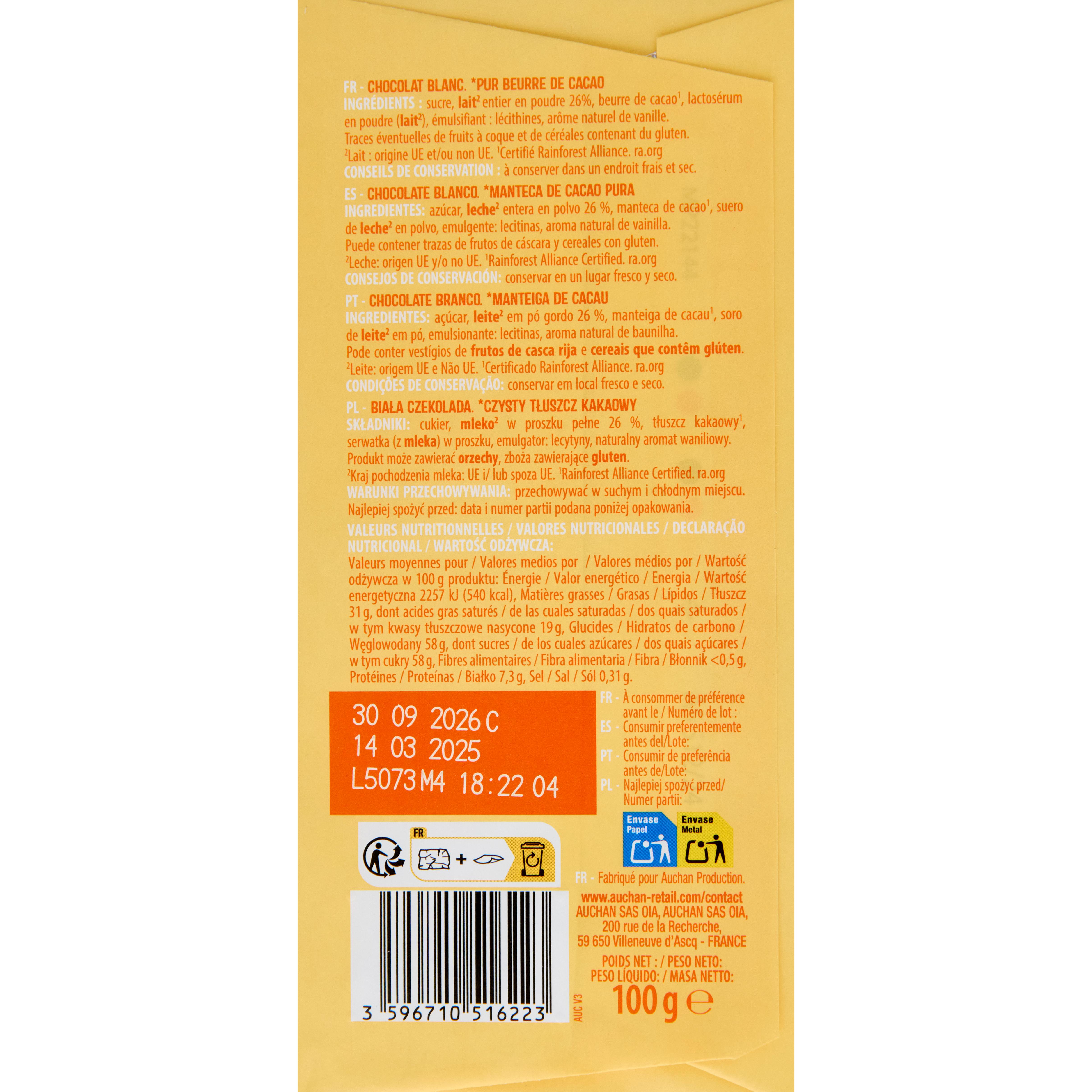 Voir la diapositive 2 : AUCHAN Milky & Fun tablette de chocolat blanc 90g