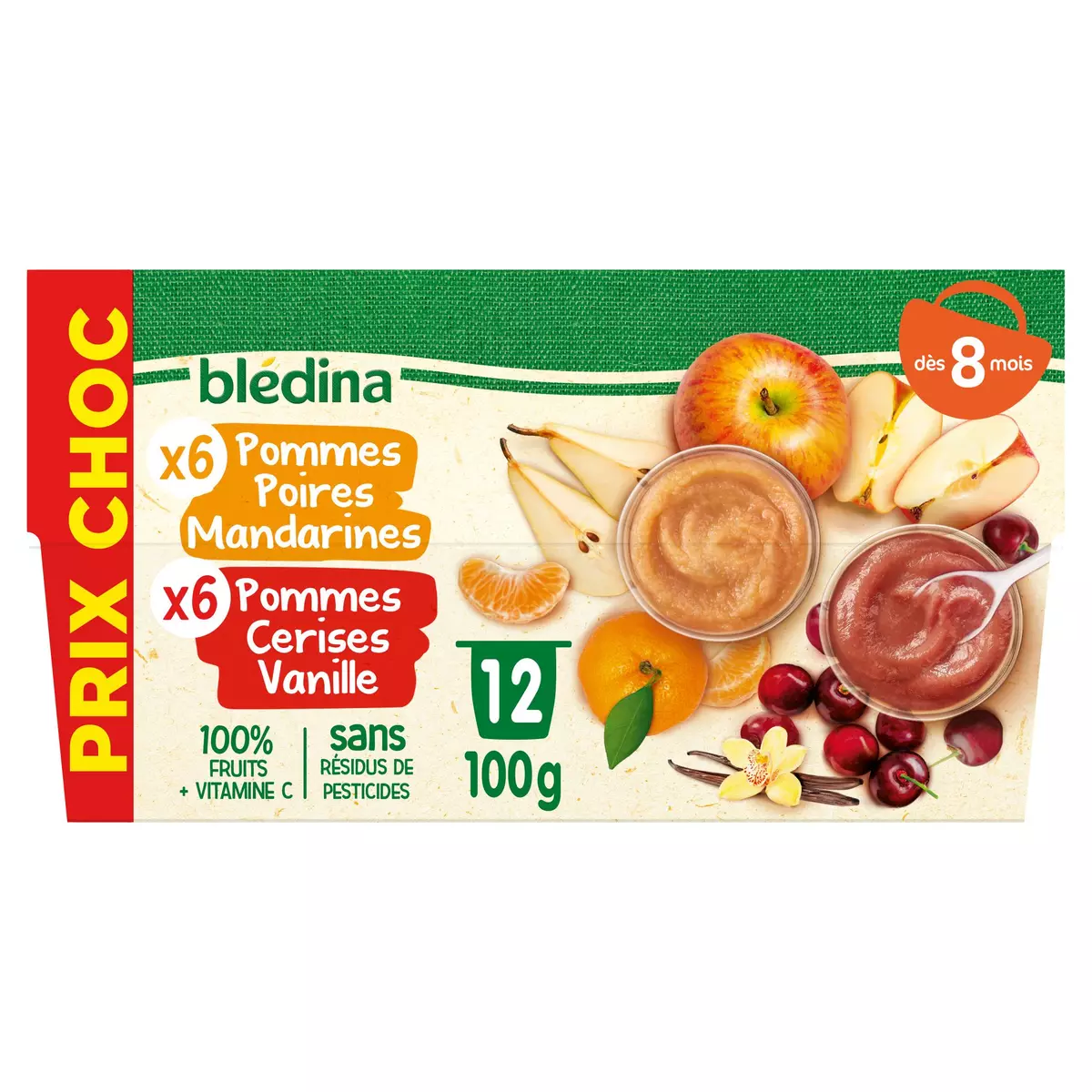 BLEDINA Petit pot dessert pommes poires mandarines et pommes cerises vanille dès 8 mois 12x100g