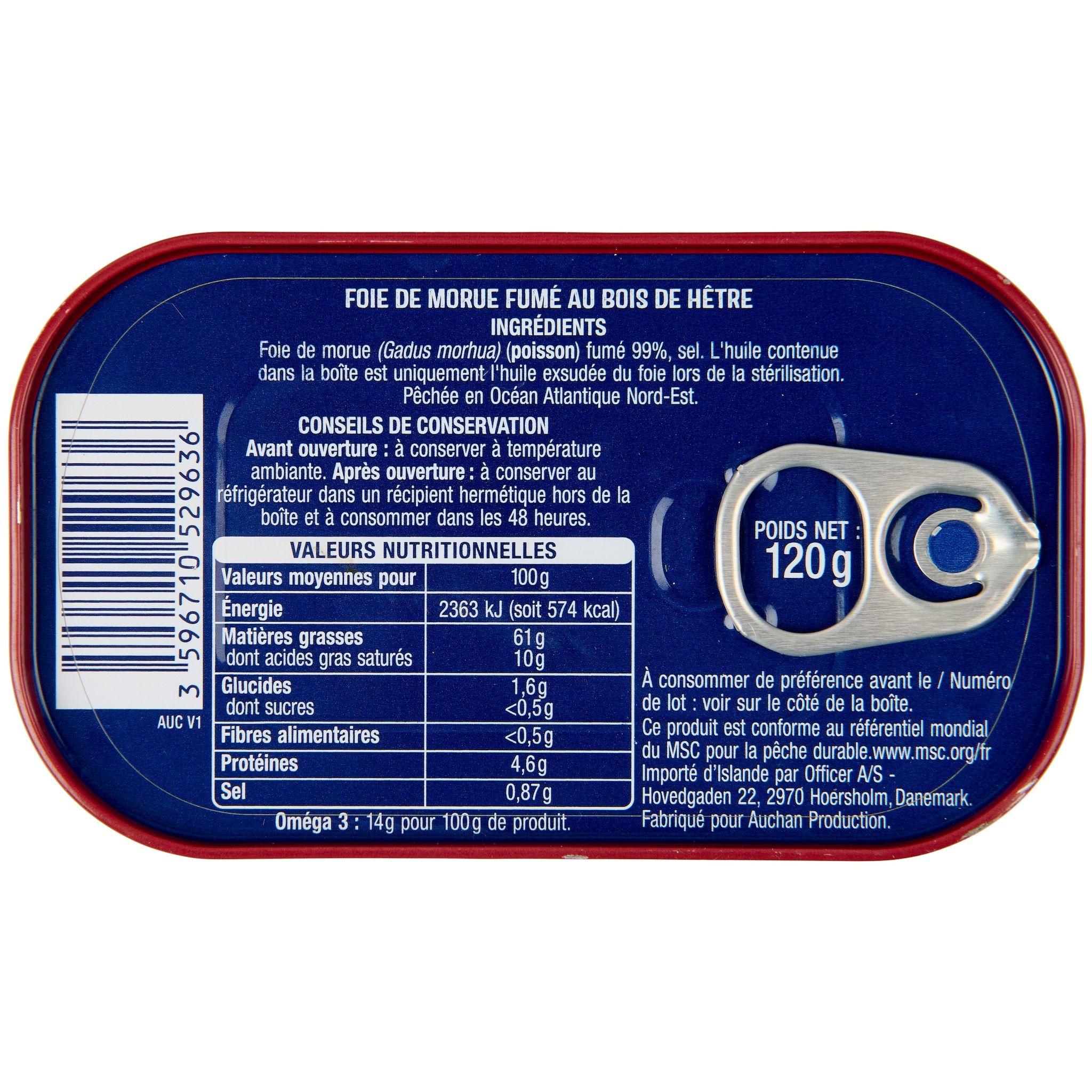Voir la diapositive 2 : AUCHAN Foie de morue fumé au bois de hêtre MSC 120g