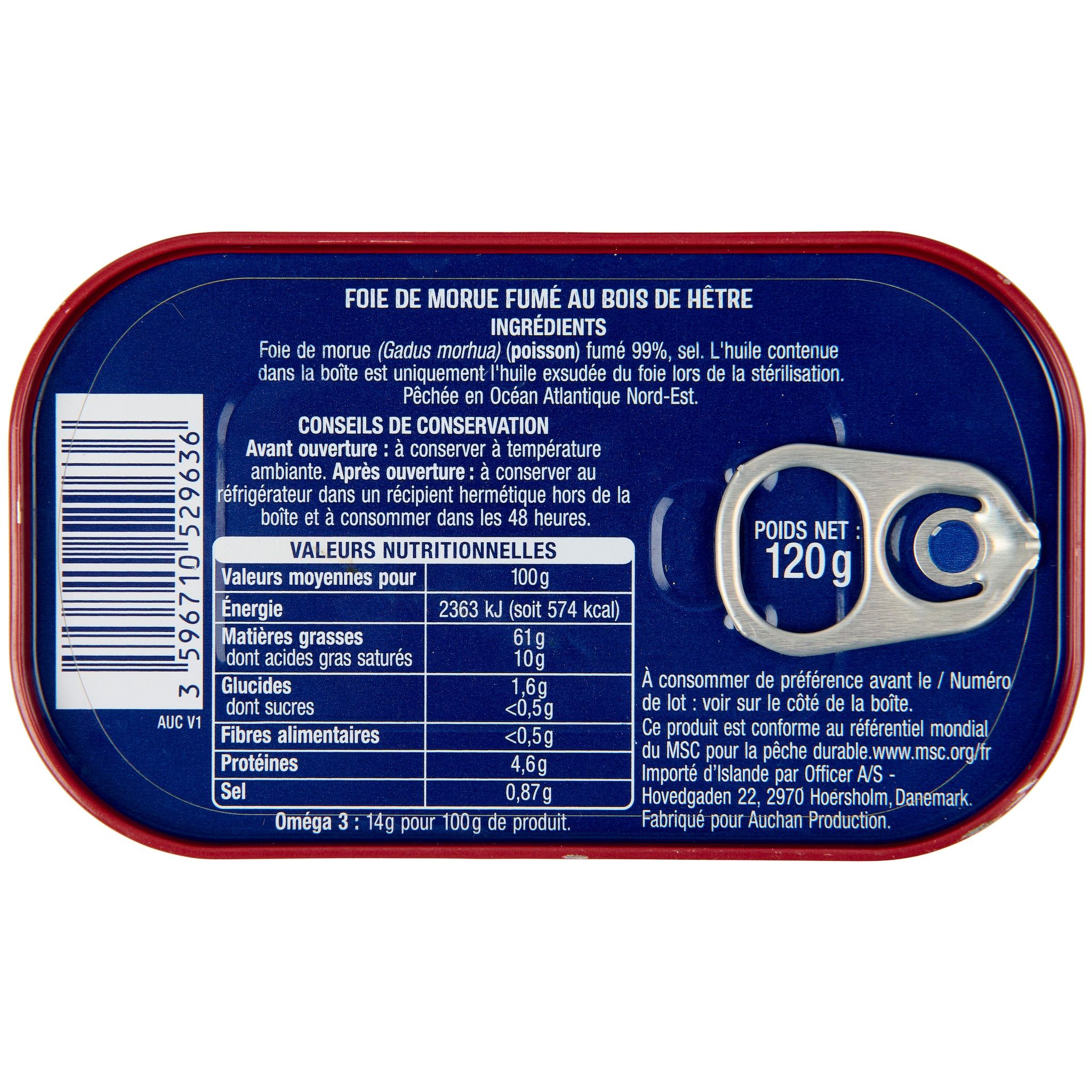 Voir la diapositive 4 : AUCHAN Foie de morue fumé au bois de hêtre MSC 120g