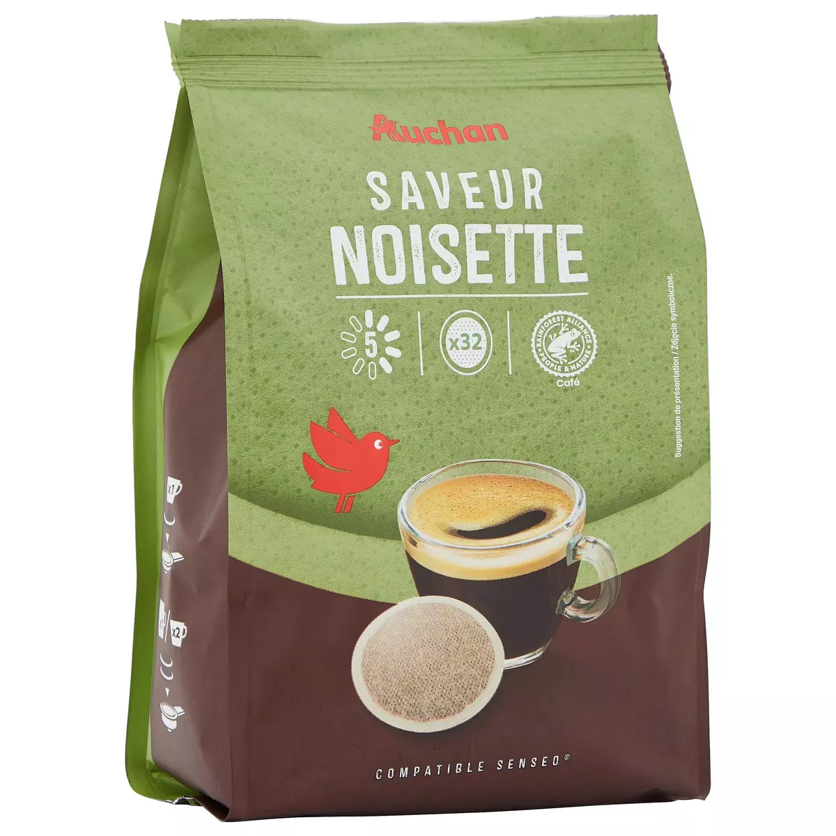 AUCHAN Dosettes de café saveur noisette intensité 5 compatibles Senseo 32 dosettes 224g