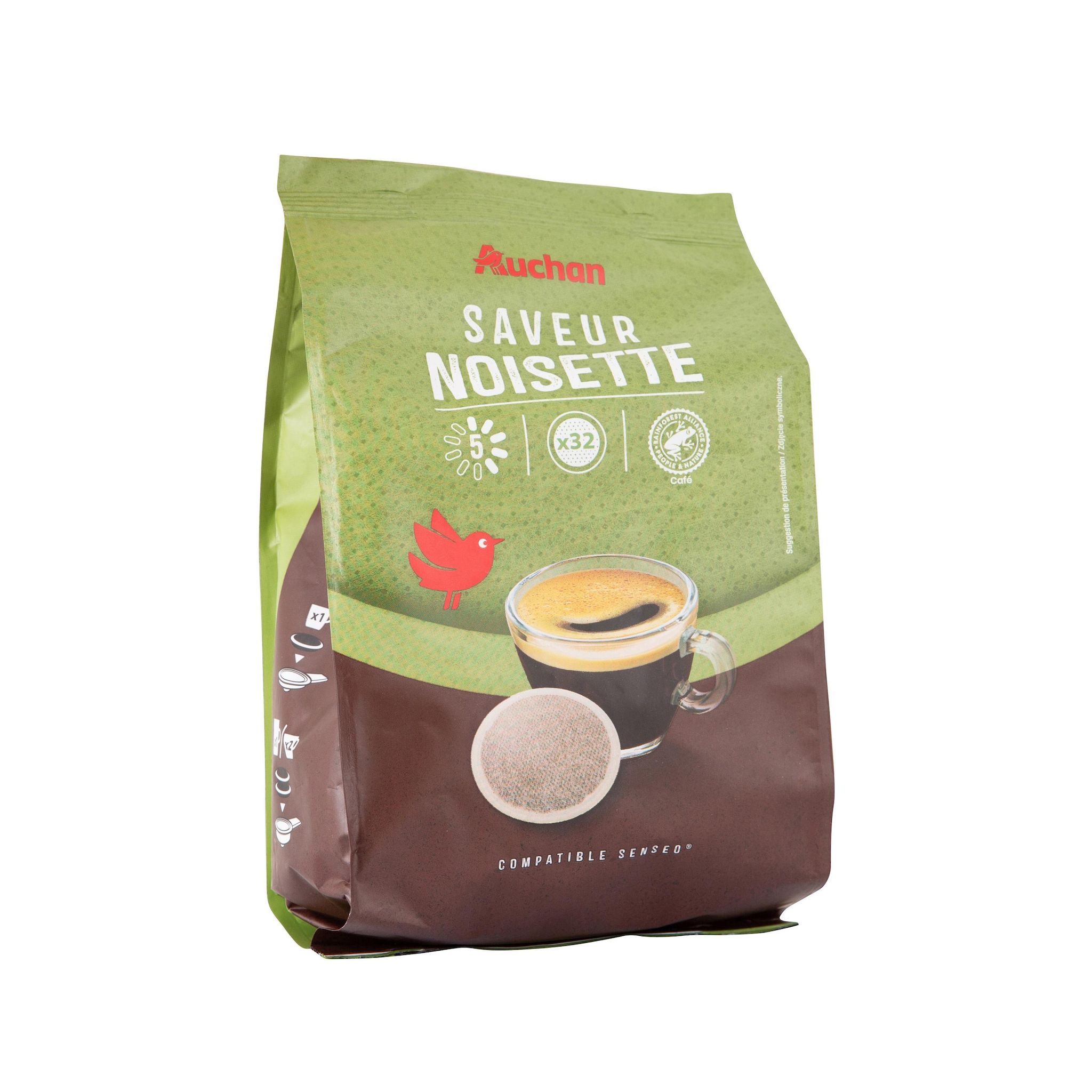 Voir la diapositive 2 : AUCHAN Dosettes de café saveur noisette intensité 5 compatibles Senseo 32 dosettes 224g