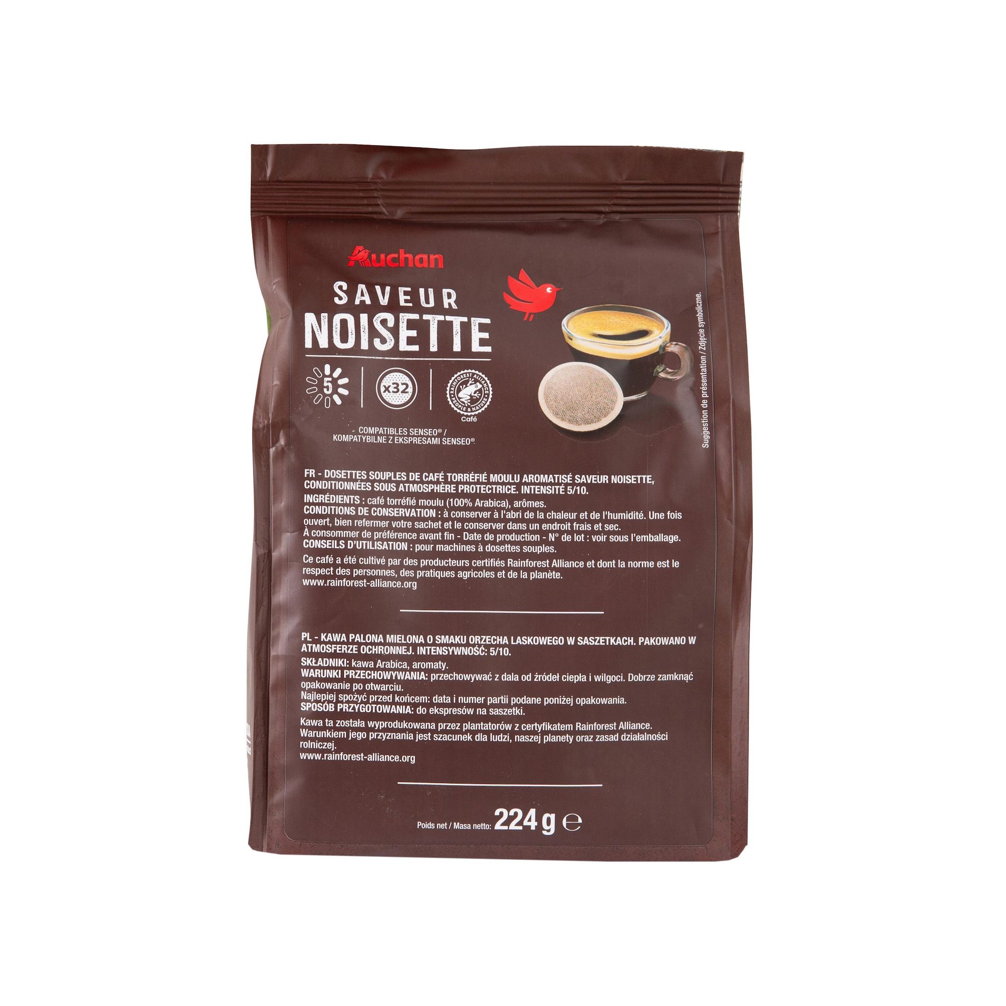 Voir la diapositive 3 : AUCHAN Dosettes de café saveur noisette intensité 5 compatibles Senseo 32 dosettes 224g