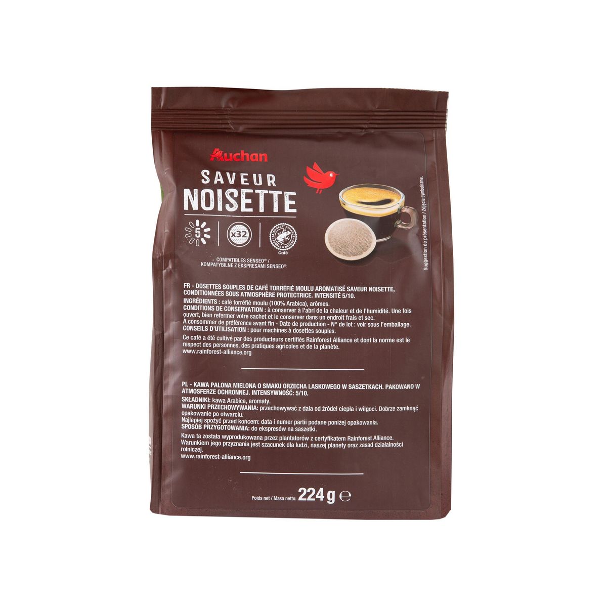 AUCHAN Dosettes de café saveur noisette intensité 5 compatibles Senseo 32 dosettes 224g