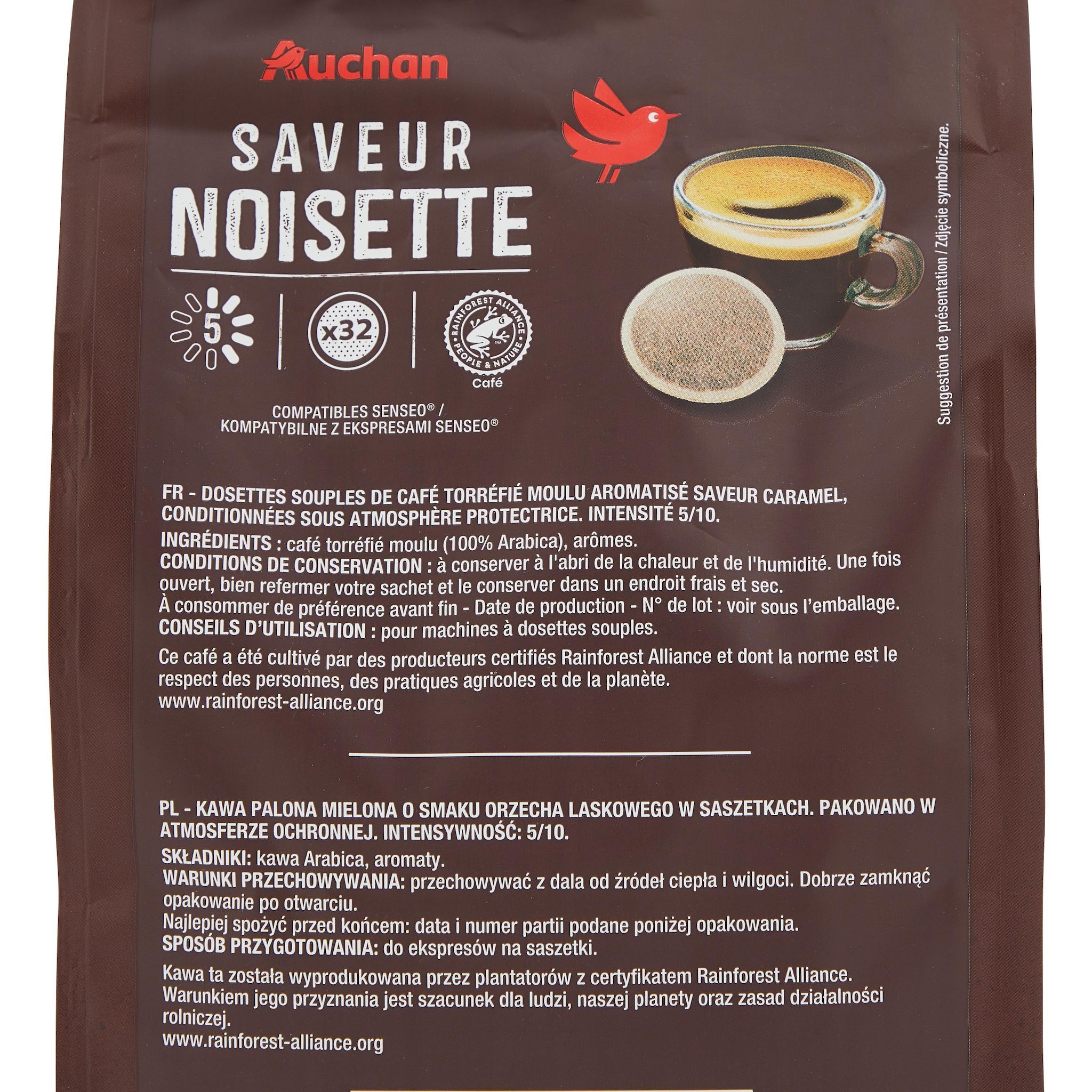 Voir la diapositive 5 : AUCHAN Dosettes de café saveur noisette intensité 5 compatibles Senseo 32 dosettes 224g