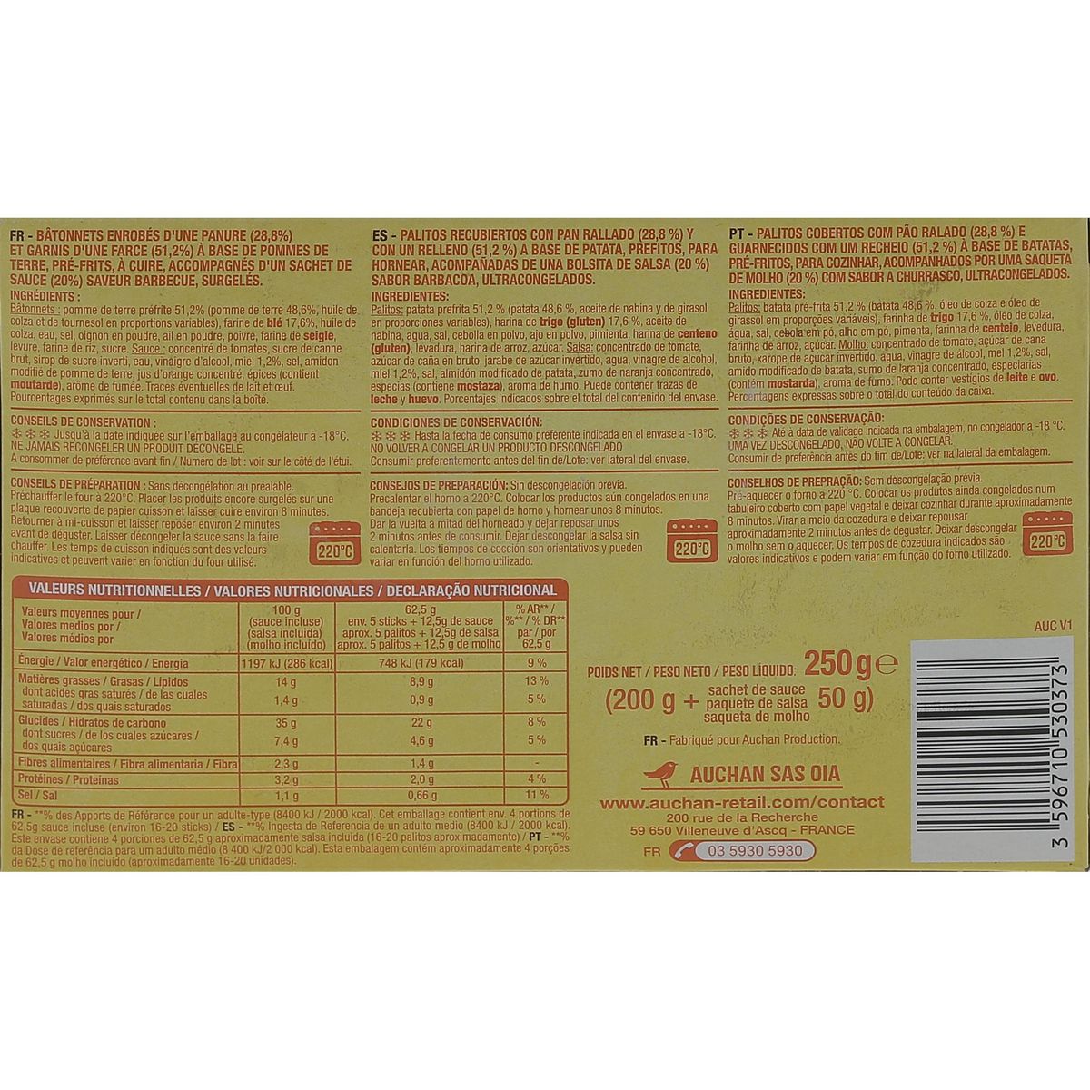 AUCHAN Potato sticks sauce saveur barbecue 16-20 pièces 250g