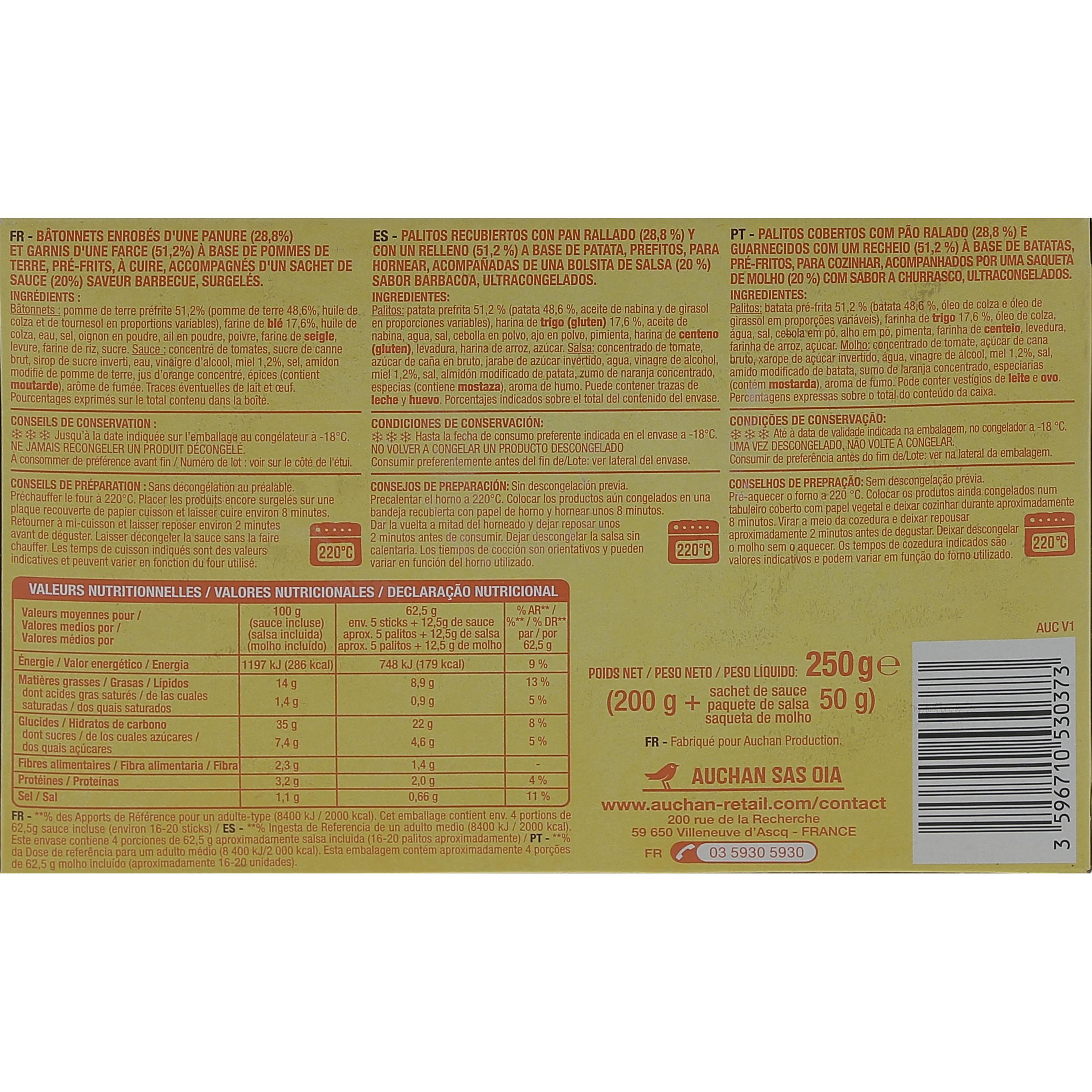 Voir la diapositive 3 : AUCHAN Potato sticks sauce saveur barbecue 16-20 pièces 250g