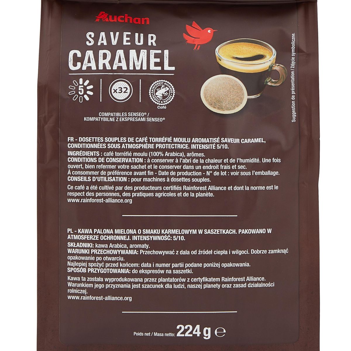 AUCHAN Dosettes de café saveur caramel intensité 5 compatibles Senseo 32 dosettes 224g