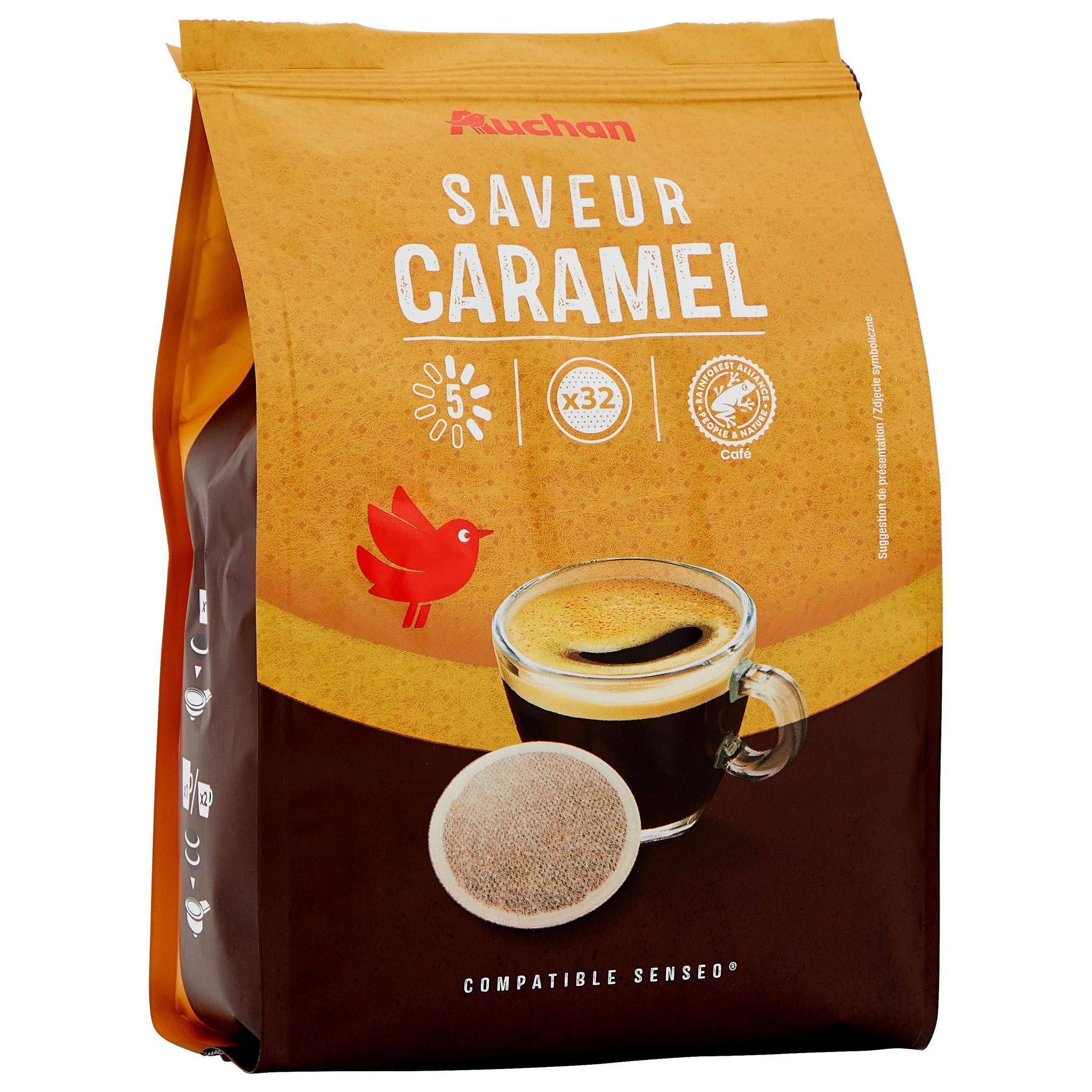 Voir la diapositive 5 : AUCHAN Dosettes de café saveur caramel intensité 5 compatibles Senseo 32 dosettes 224g