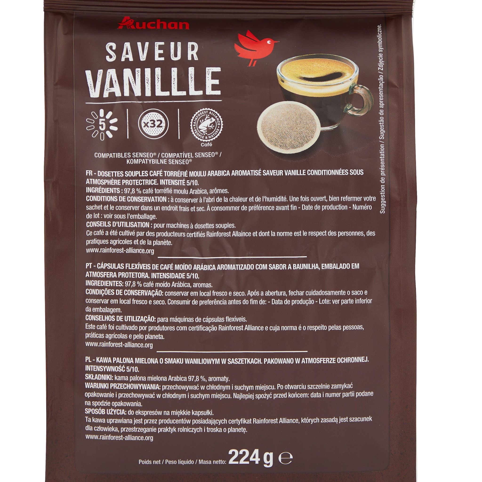 Voir la diapositive 2 : AUCHAN Dosettes de café saveur vanille intensité 5 compatibles Senseo 32 dosettes 224g