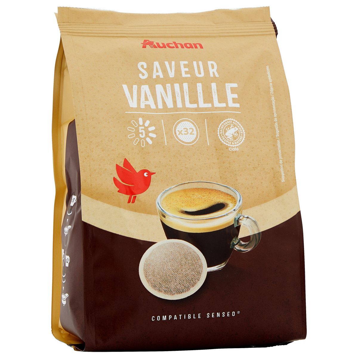 AUCHAN Dosettes de café saveur vanille intensité 5 compatibles Senseo 32 dosettes 224g
