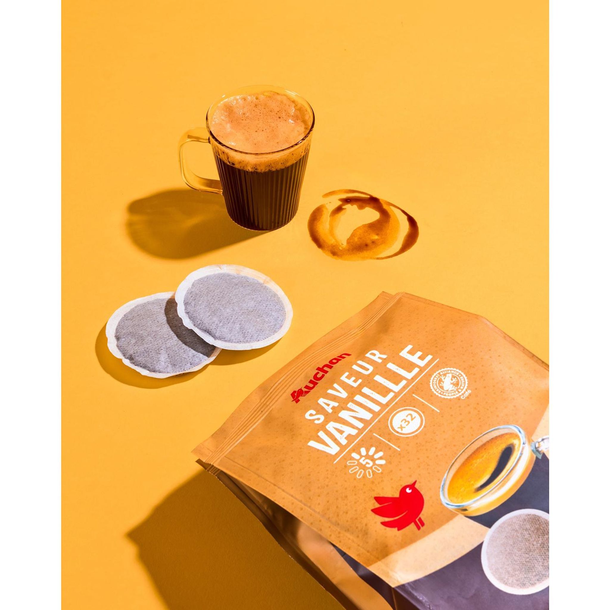 Voir la diapositive 6 : AUCHAN Dosettes de café saveur vanille intensité 5 compatibles Senseo 32 dosettes 224g