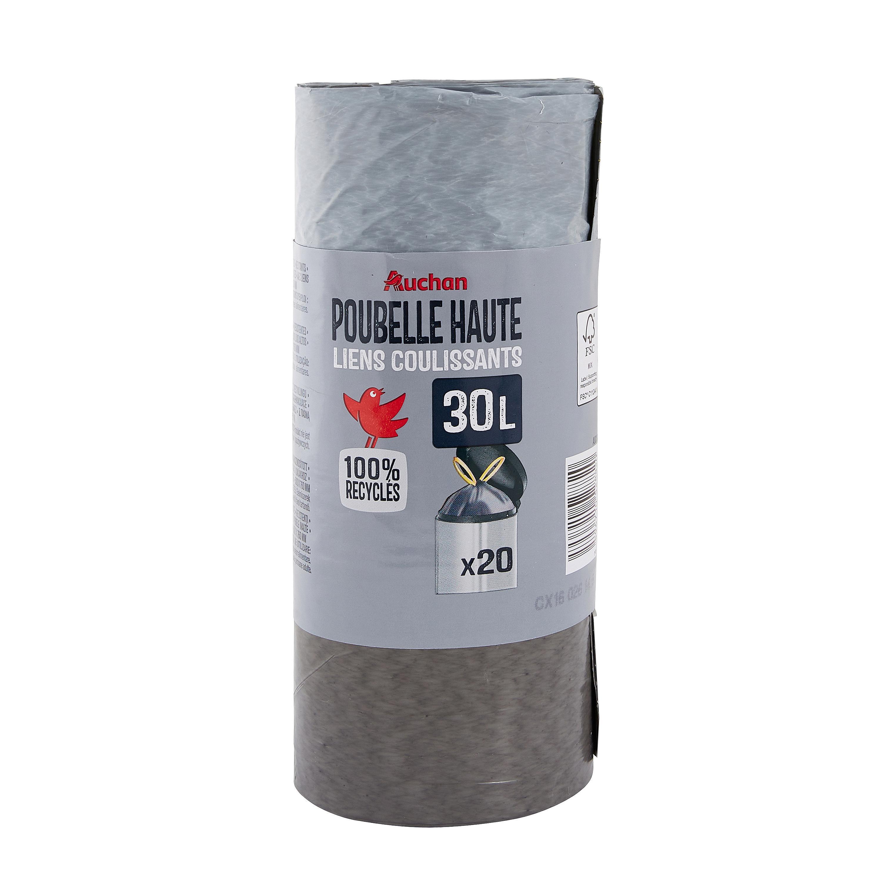 Voir la diapositive 3 : AUCHAN Sacs poubelle à liens coulissants poubelles hautes 30L 20 sacs
