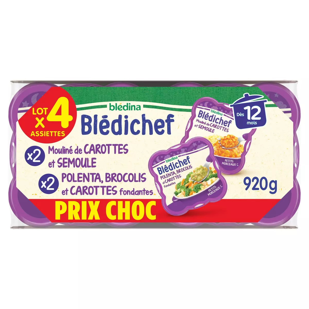 BLEDINA Blédichef assiette mouliné de carotte semoule et polenta brocolis carottes dès 12 mois 4x230g