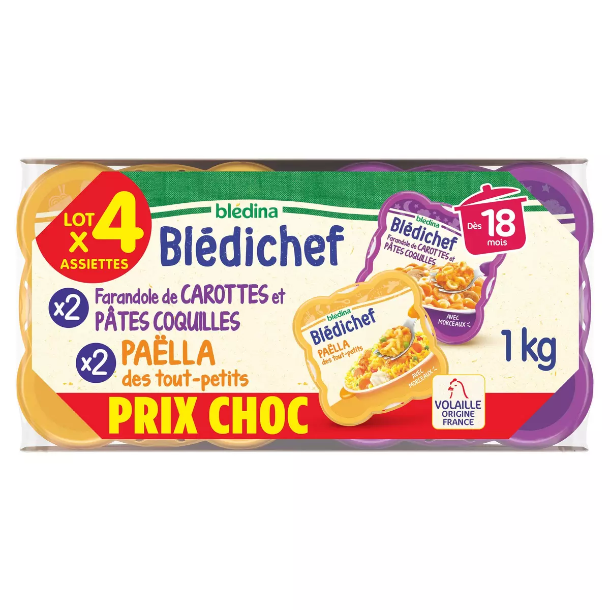 BLEDINA Blédichef assiette carottes pâtes coquilles et paëlla dès 18 mois 4x250g