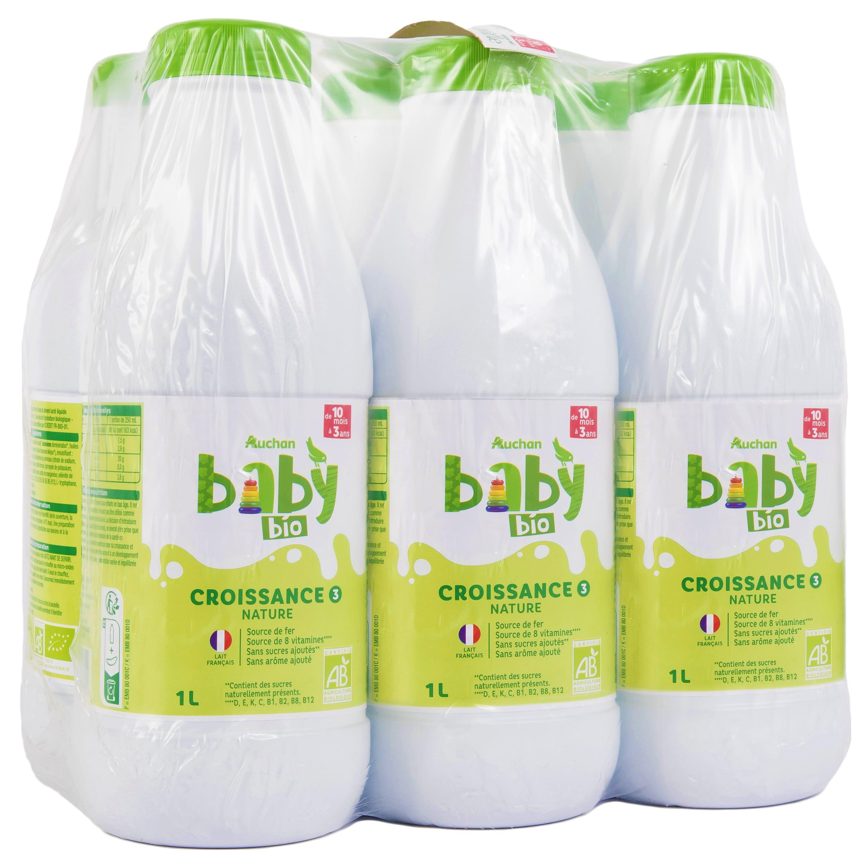 Voir la diapositive 2 : AUCHAN BABY BIO Lait de croissance liquide 3 dès 10 mois 6x1l