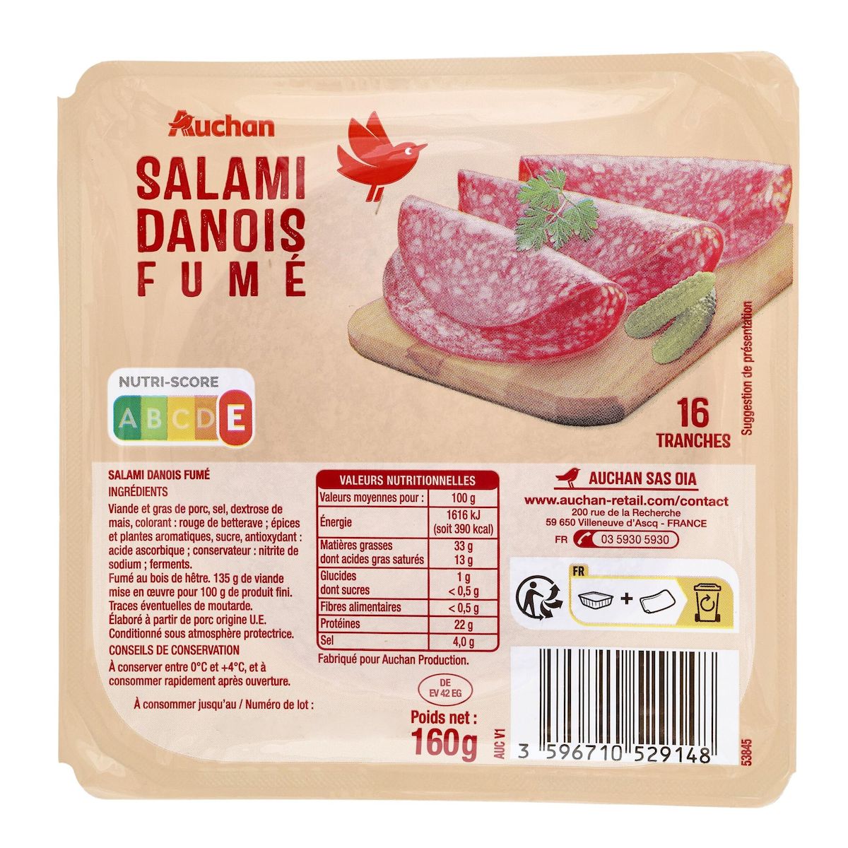 AUCHAN Salami danois fumé 16 tranches 160g