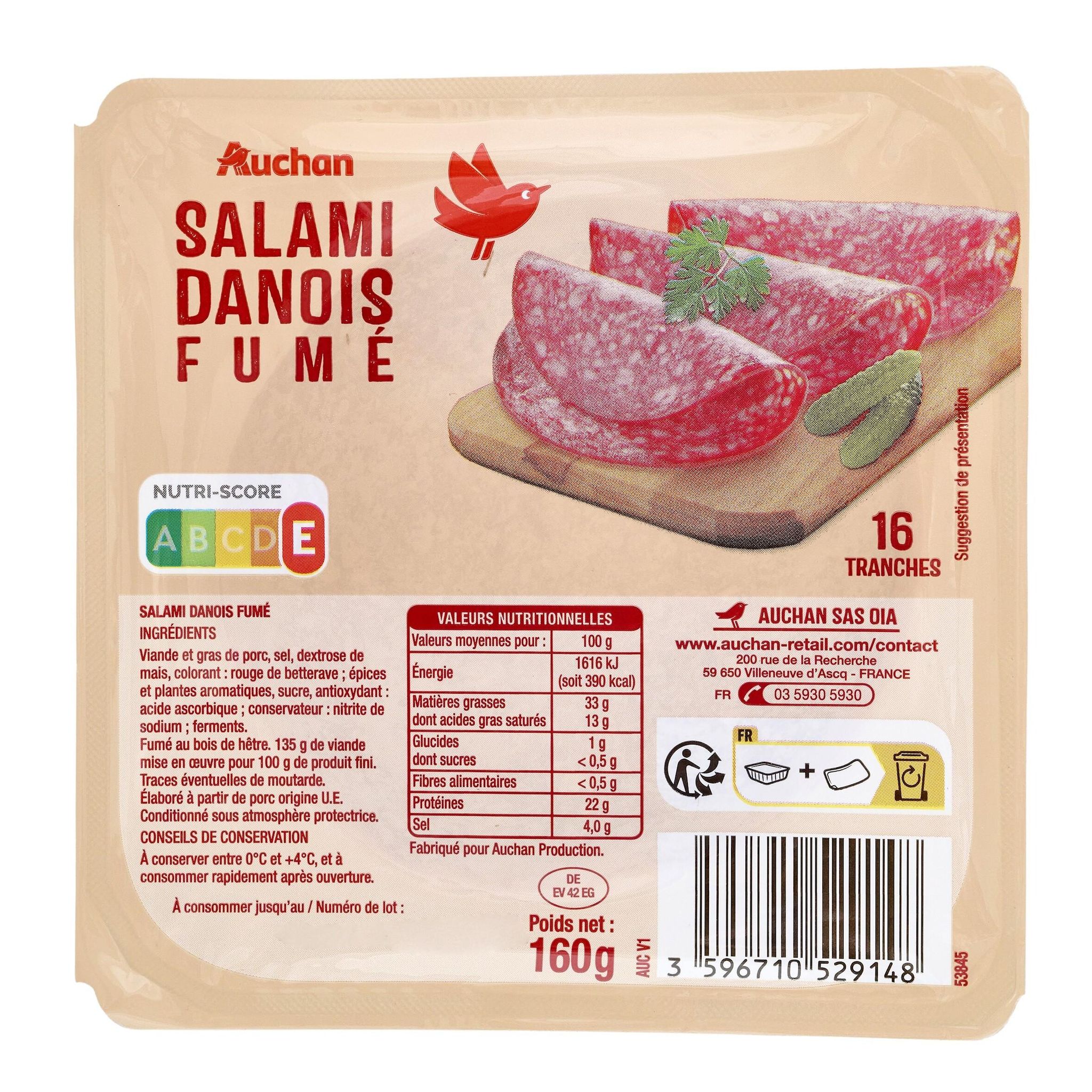 Voir la diapositive 2 : AUCHAN Salami danois fumé 16 tranches 160g