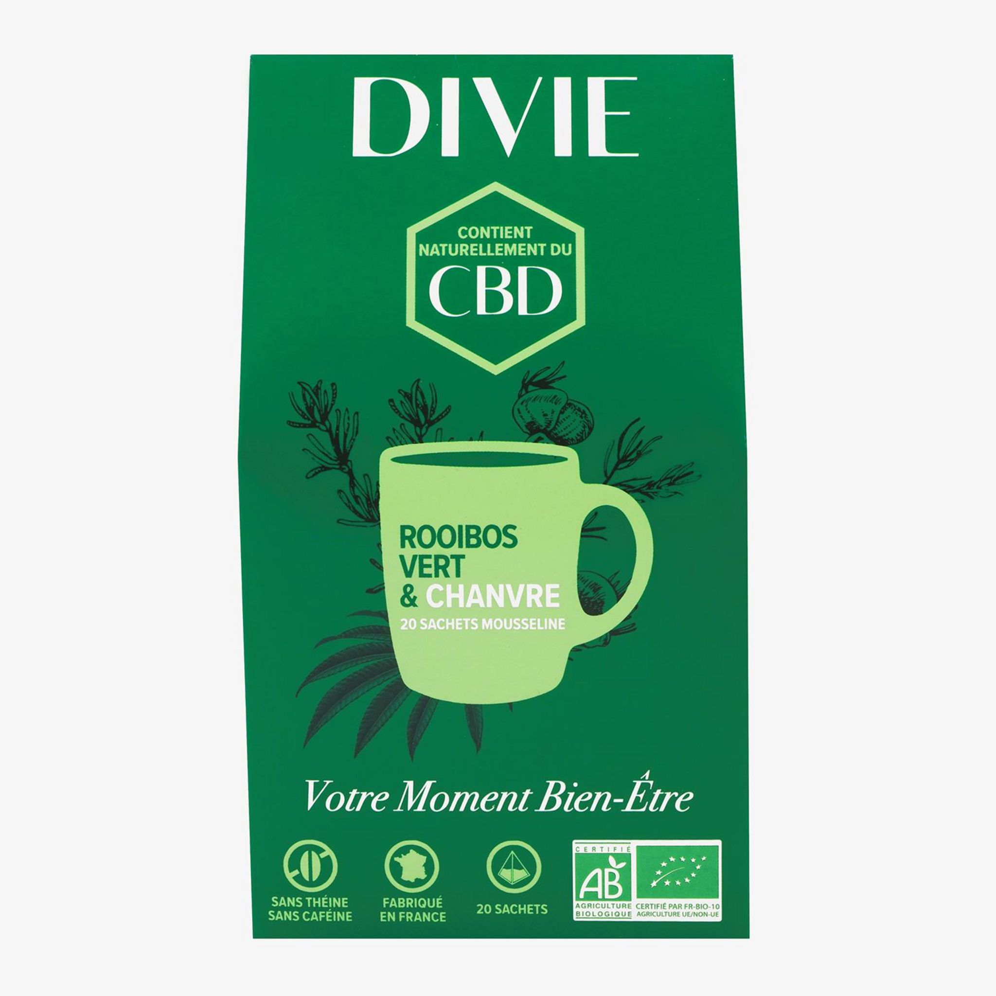 DIVIE Infusion au rooibos vert et chanvre bio 20 sachets 44g