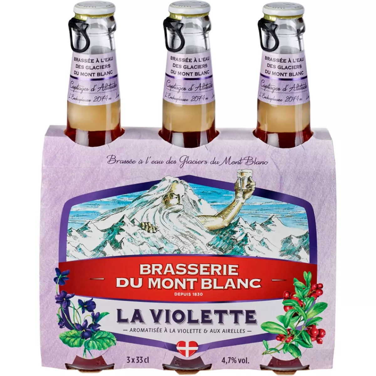 BRASSERIE MONT BLANC Bière La Violette aromatisé à la violette et aux airelles 4,7% sans gluten 3x33cl
