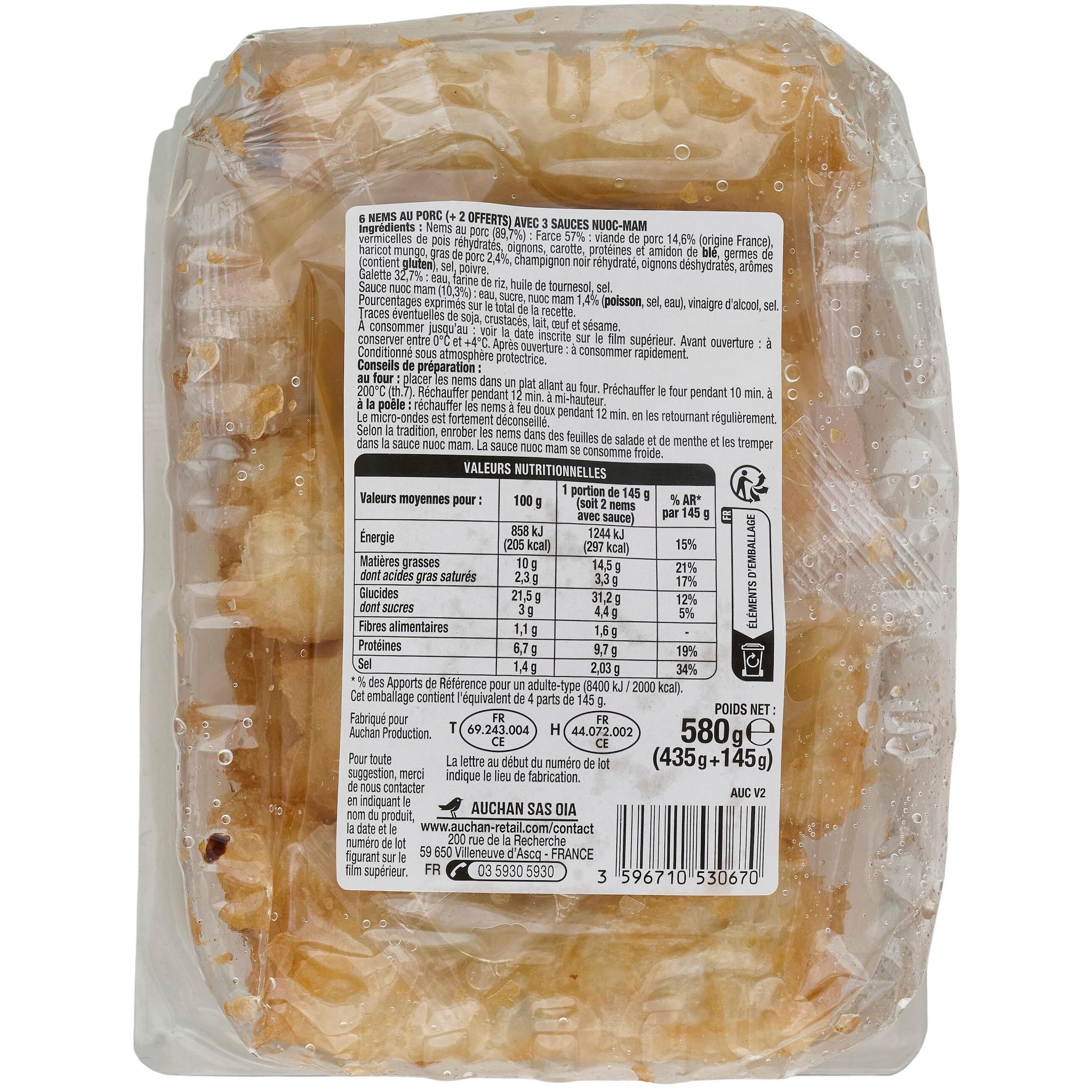 Voir la diapositive 2 : AUCHAN Nems de porc sauce nuoc mam 6+2 offerts 580g