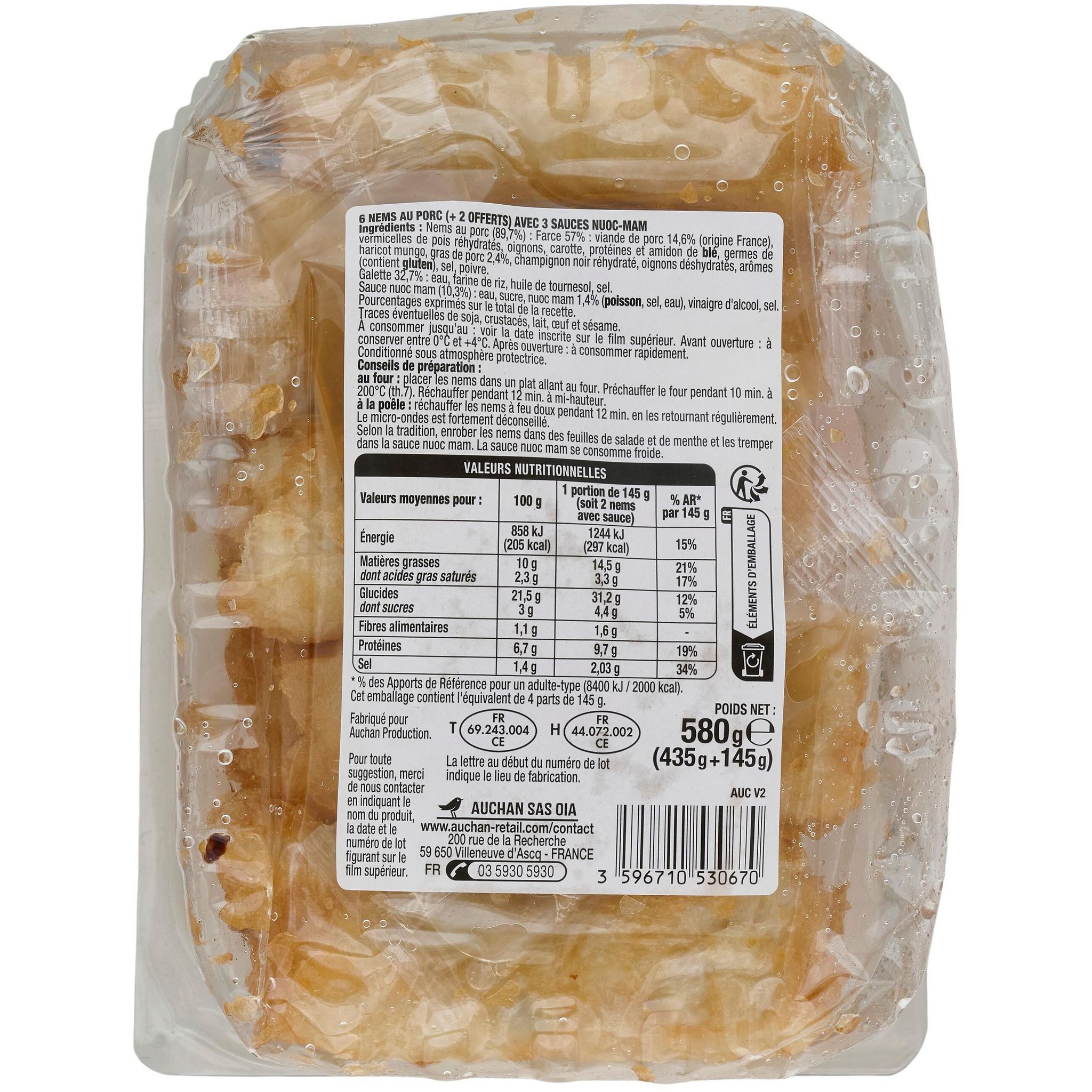 Voir la diapositive 3 : AUCHAN Nems de porc sauce nuoc mam 6+2 offerts 580g