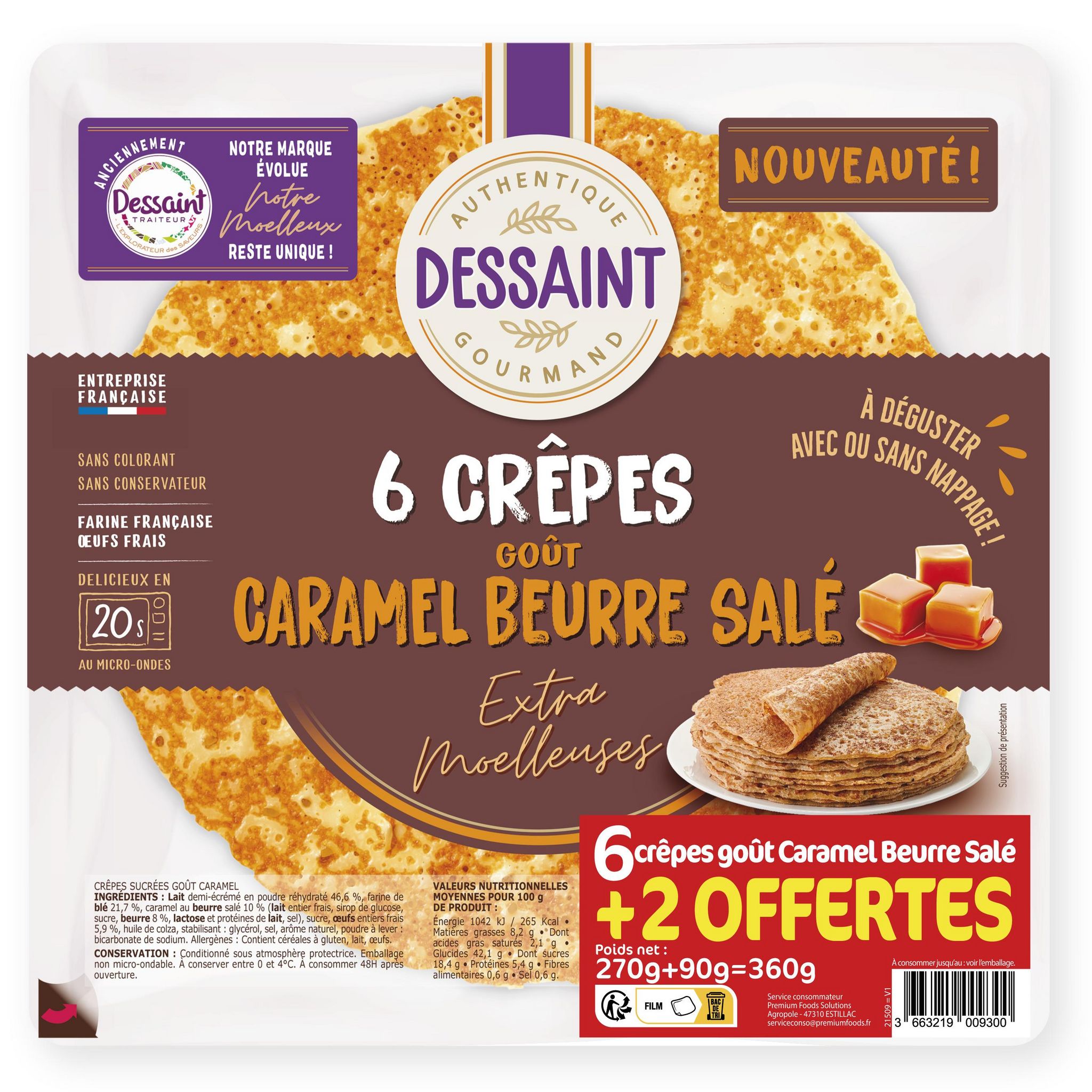 DESSAINT Crêpes goût caramel beurre salé extra moelleuses 6 crêpes+ 2 offertes 360g