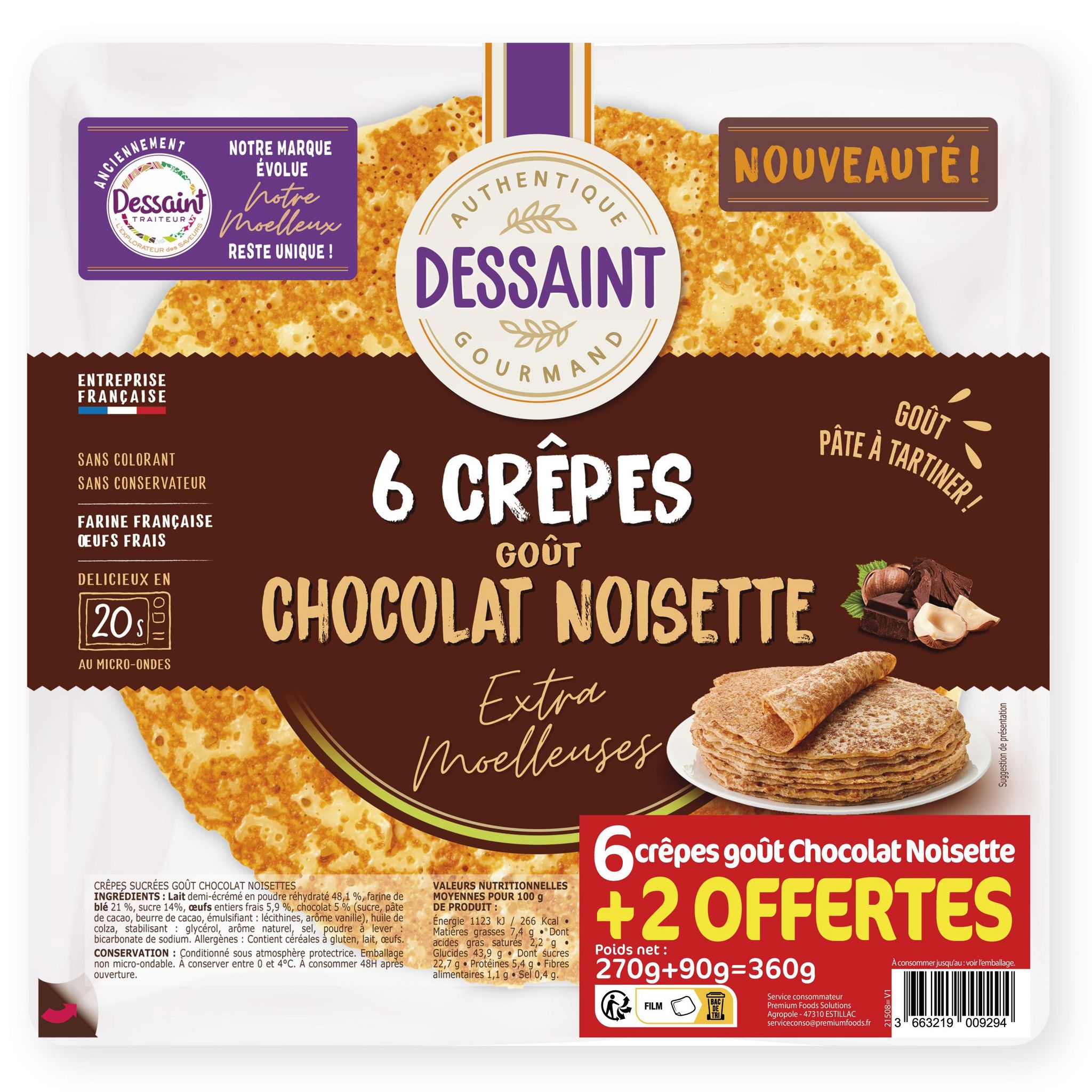 DESSAINT Crêpes goût chocolat noisettes extra moelleuses 6 crêpes+2 offertes 360g