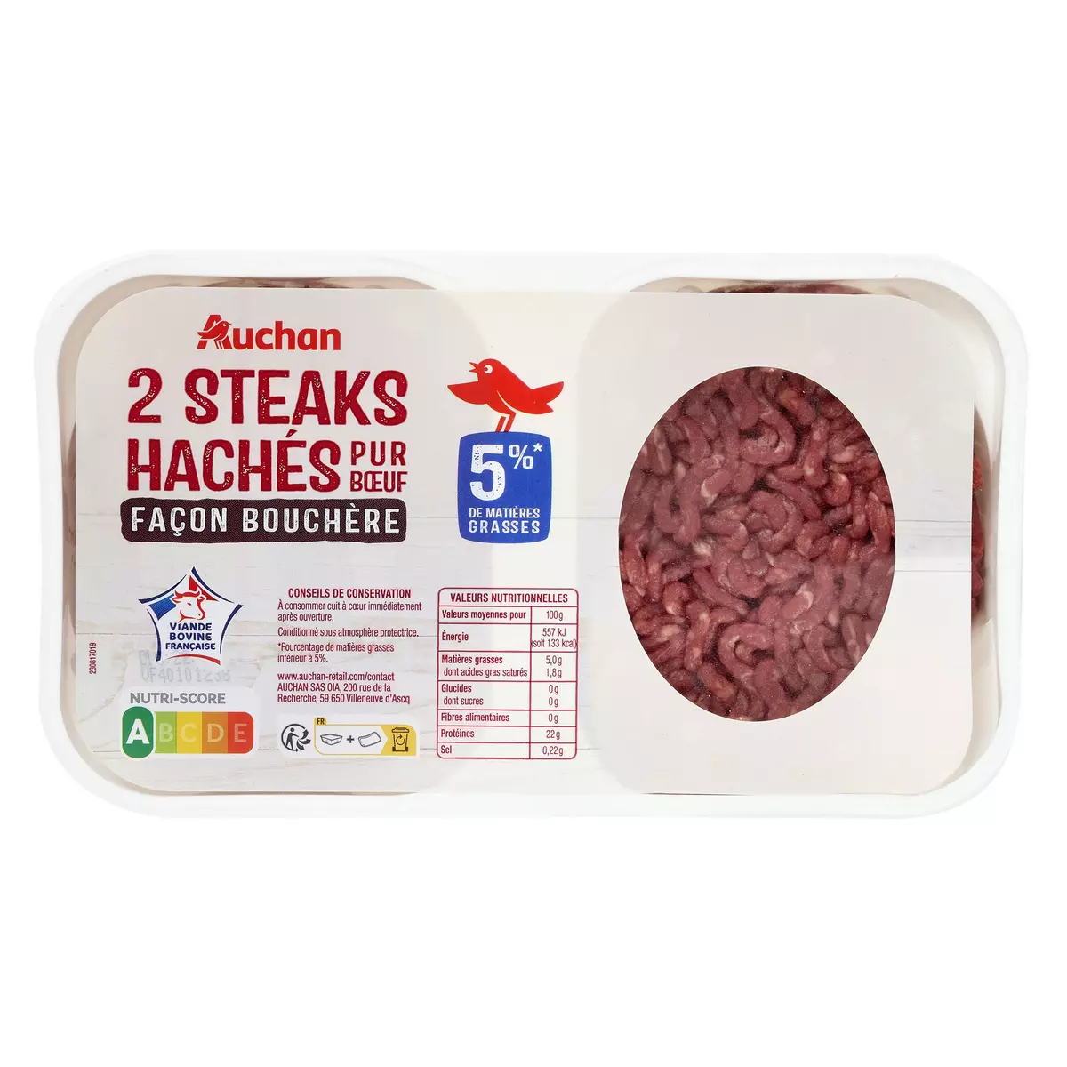 AUCHAN Steak hachés pur bœuf 5% 2x125g