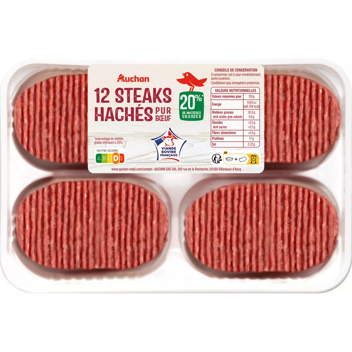 AUCHAN Steaks hachés pur bœuf 20%MG 2x100g