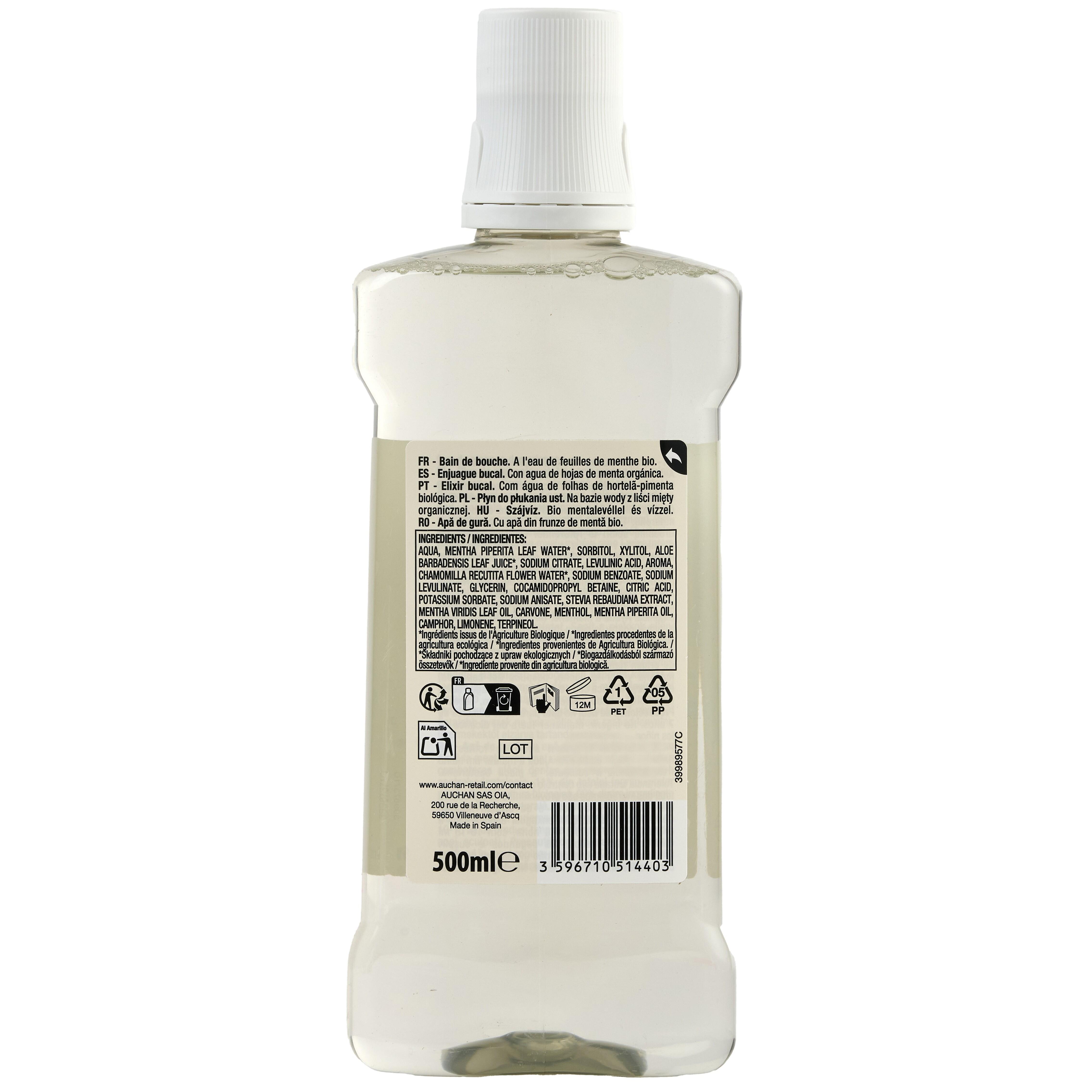 Voir la diapositive 2 : AUCHAN BIO Bain de bouche haleine fraîche à l'eau de feuilles de menthe bio 500ml