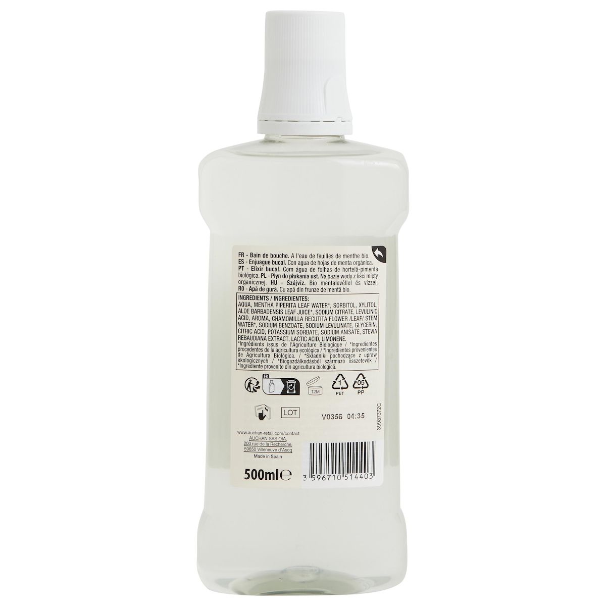 AUCHAN BIO Bain de bouche haleine fraîche de menthe 500ml