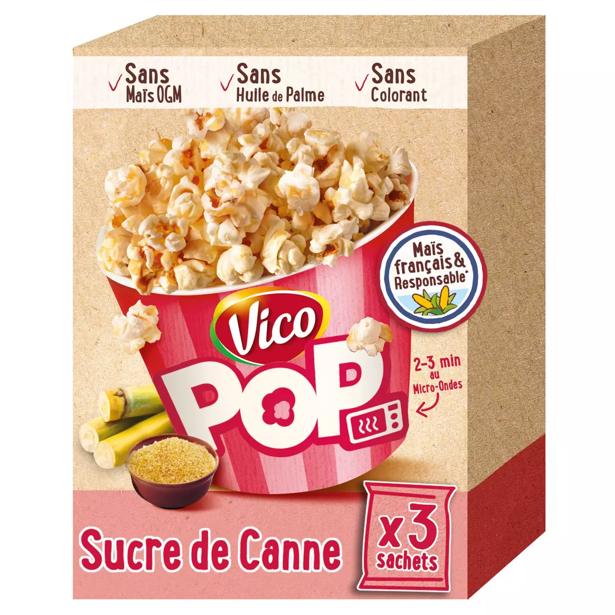 VICO Pop corn sucre de canne 3 sachets 240g