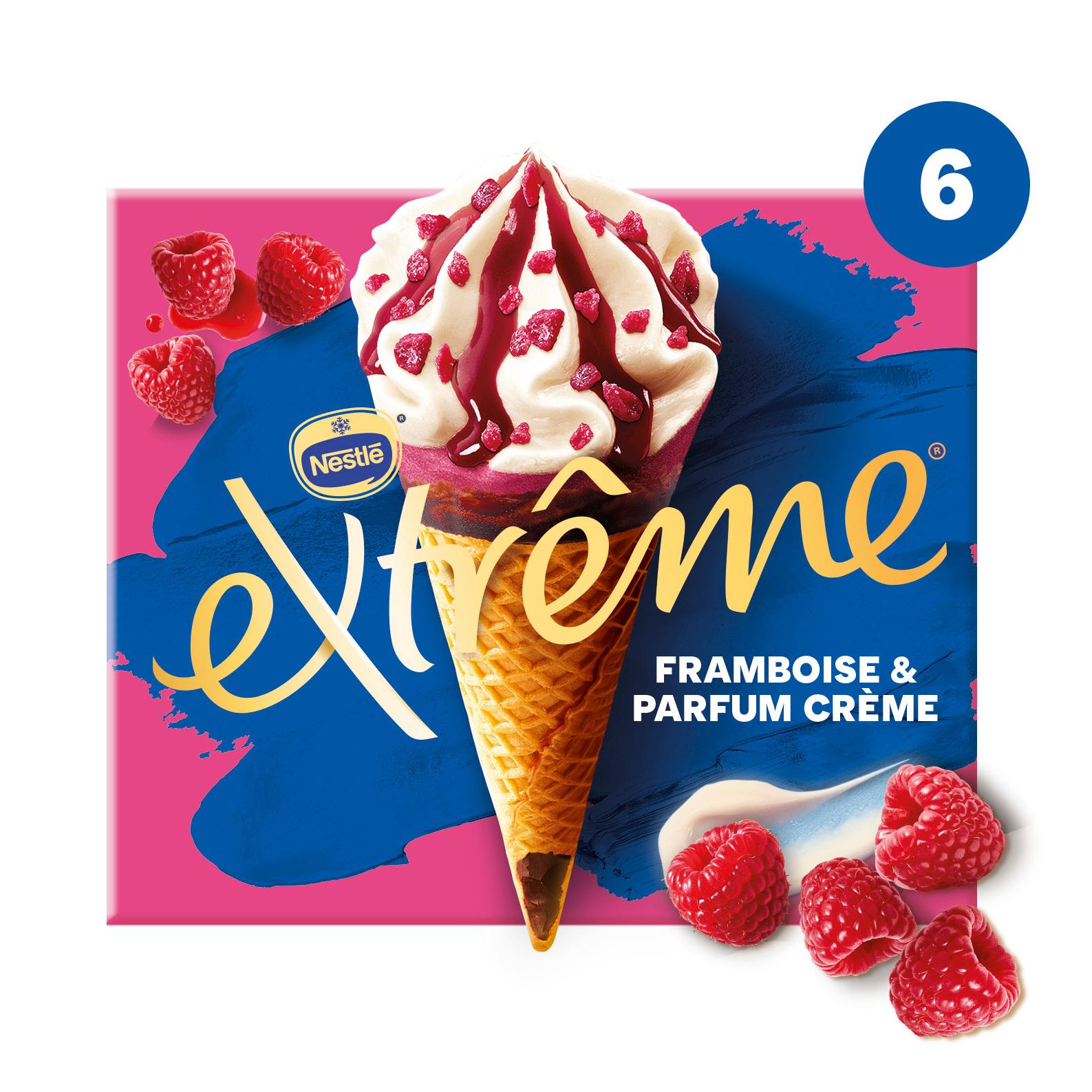 Voir la diapositive 2 : EXTREME Cônes glacés framboise et parfum crème 6 pièces 417g