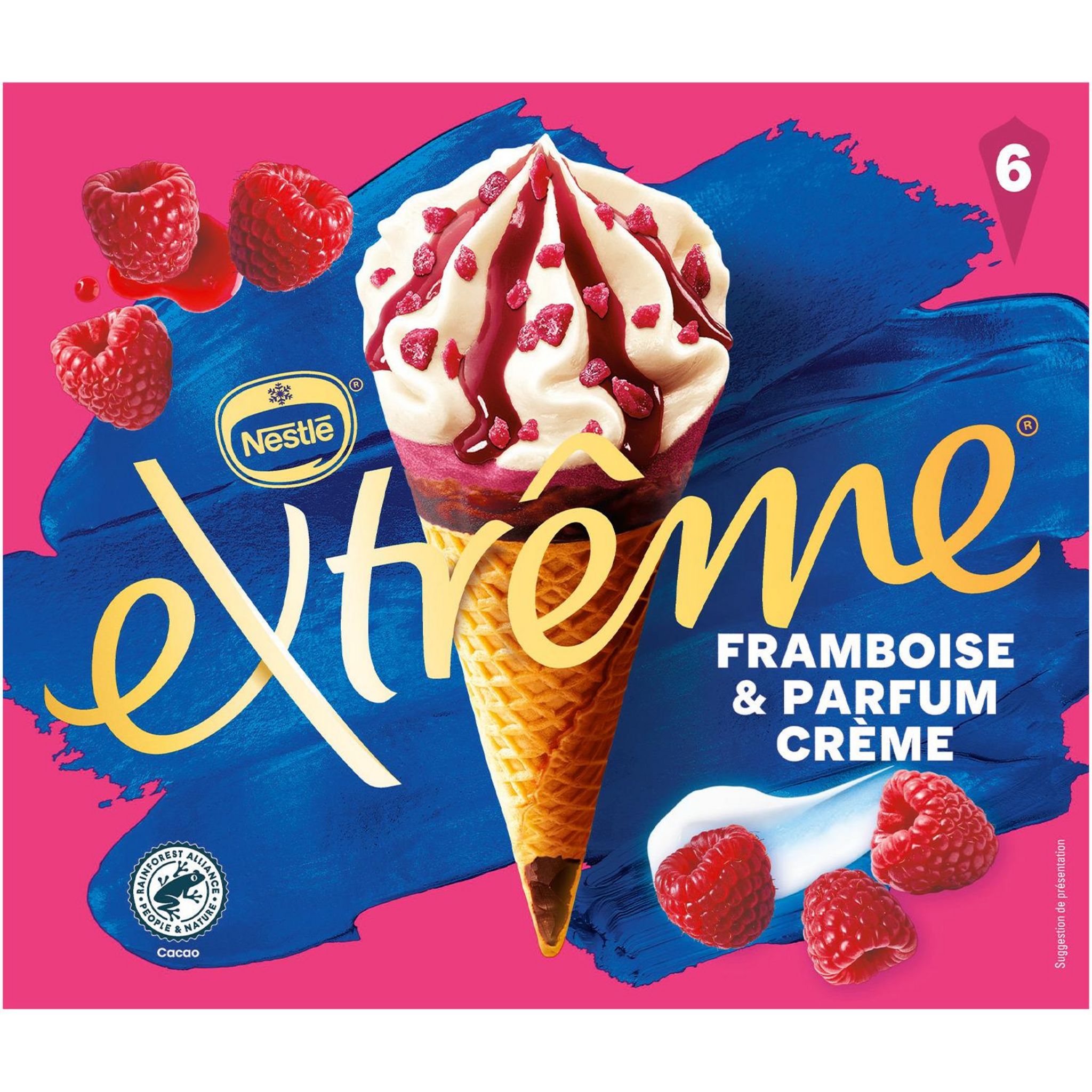 Voir la diapositive 3 : EXTREME Cônes glacés framboise et parfum crème 6 pièces 417g