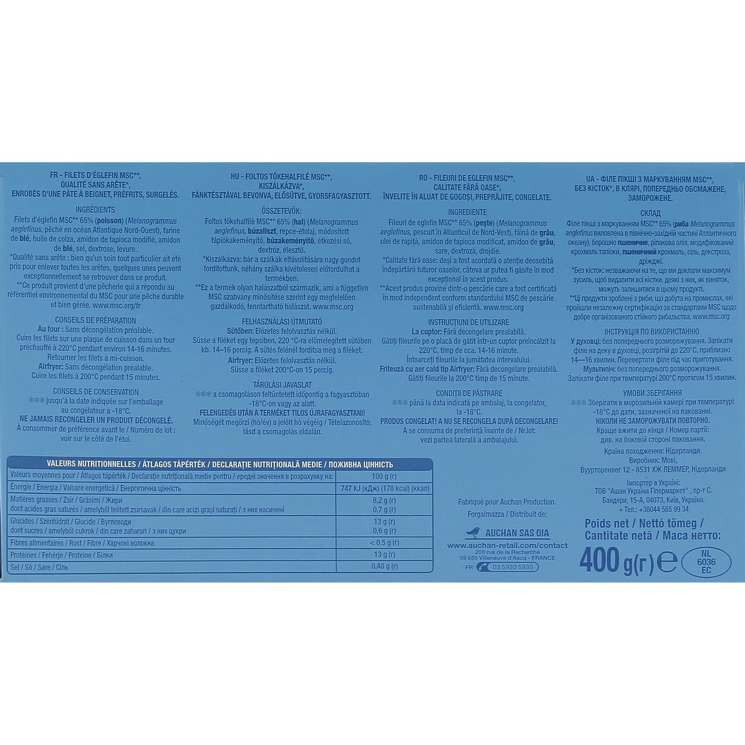 Voir la diapositive 2 : AUCHAN Filets d'églefin façon fish & chips MSC 4-6 pièces 400g