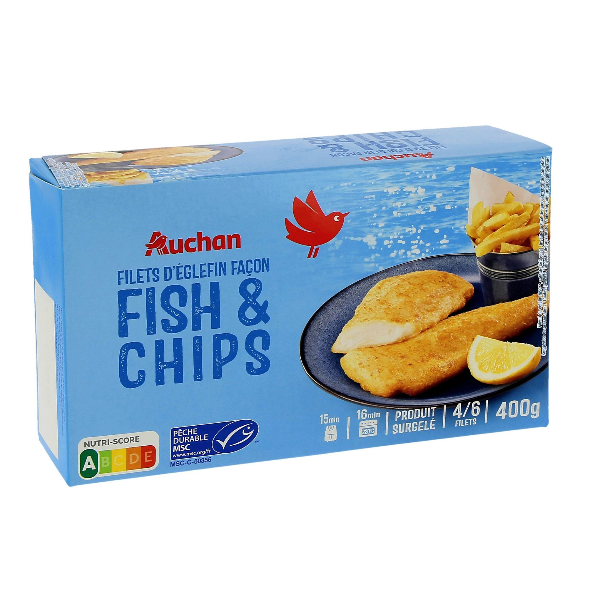 Voir la diapositive 2 : AUCHAN Filets d'églefin façon fish & chips MSC 4-6 pièces 400g