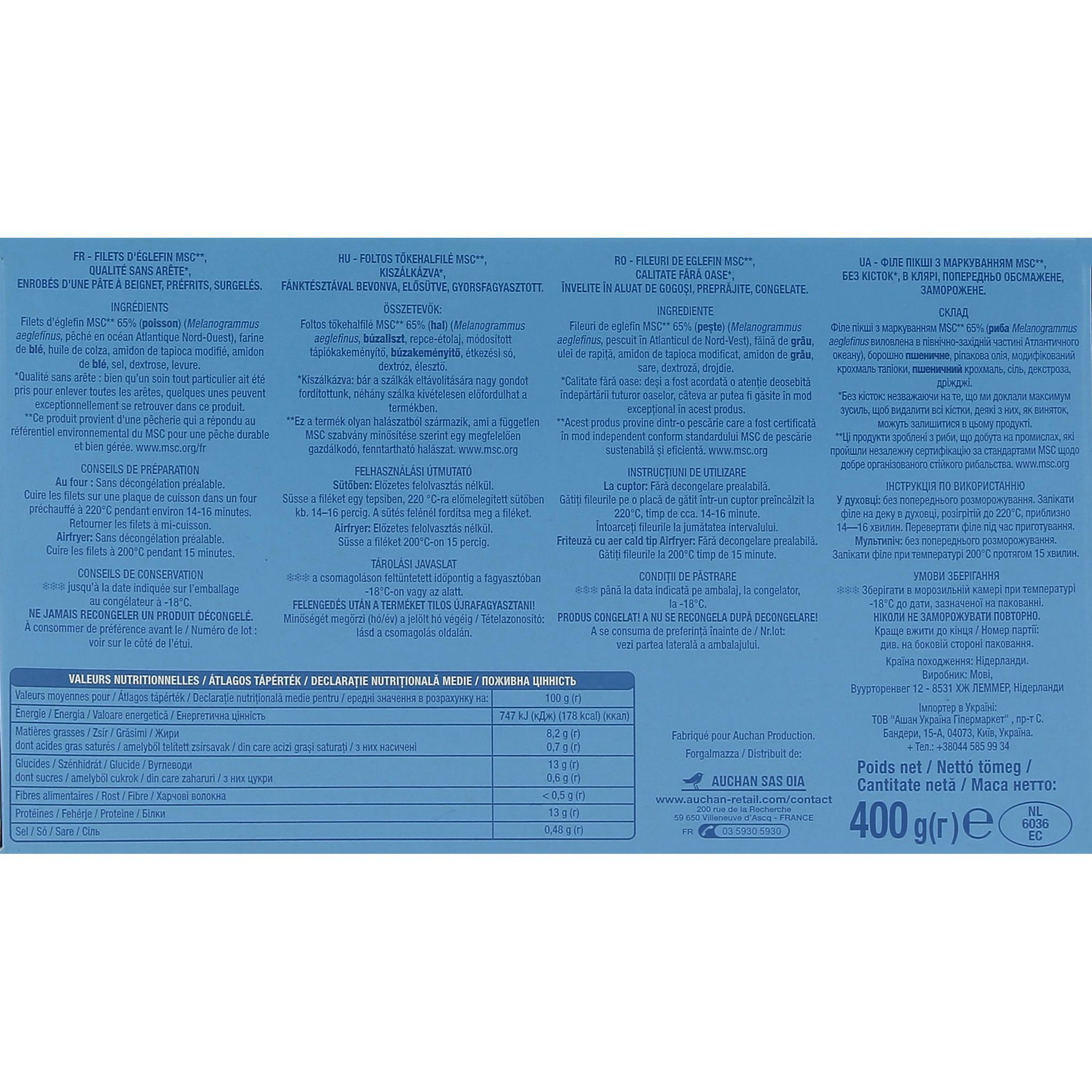 Voir la diapositive 3 : AUCHAN Filets d'églefin façon fish & chips MSC 4-6 pièces 400g