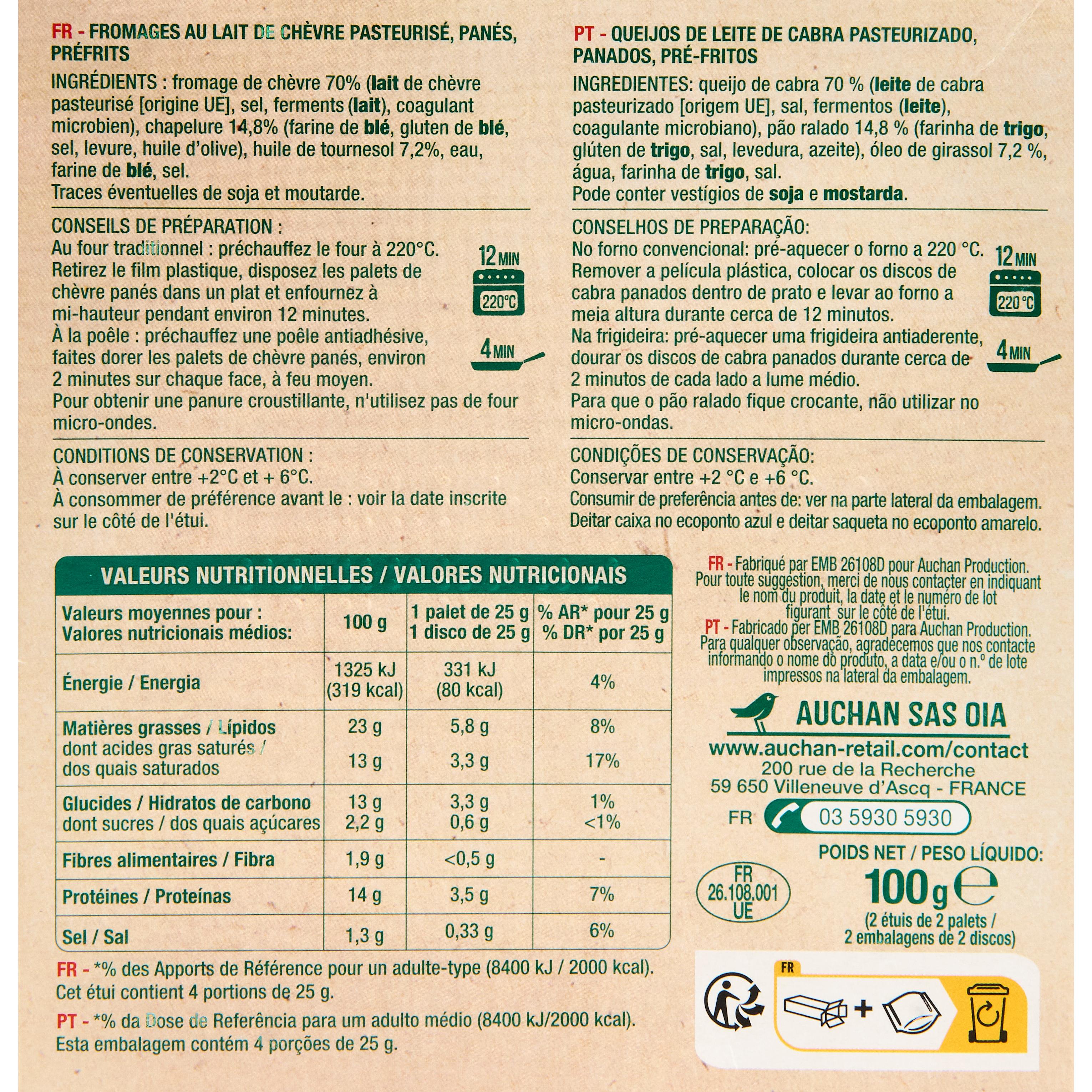 Voir la diapositive 2 : AUCHAN Palets de chèvre à dorer 4 pièces 100g